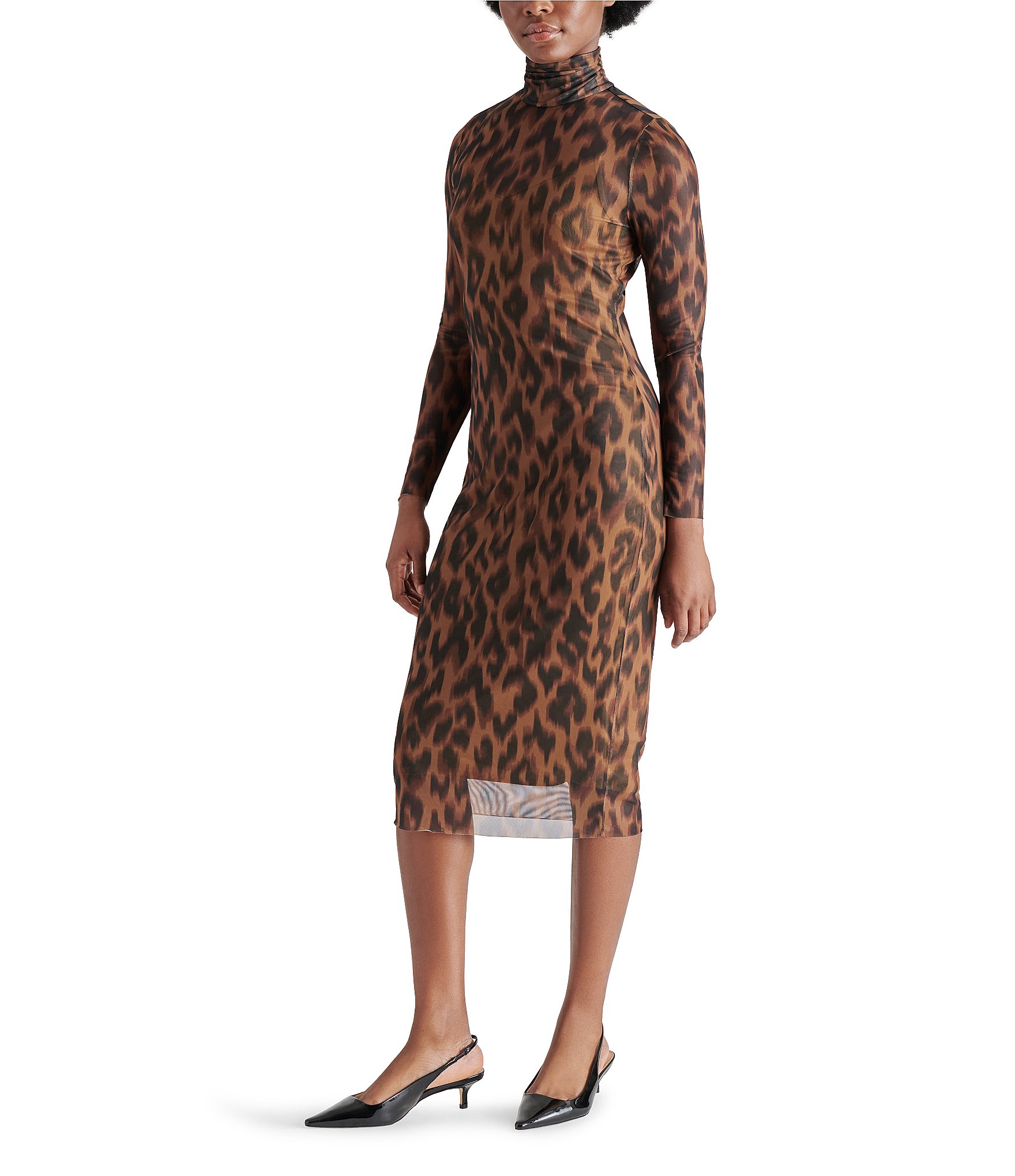 Steve Madden Vivienne Leopard Print Mesh Turtleneck Long Sleeve Bodycon Midi Dress