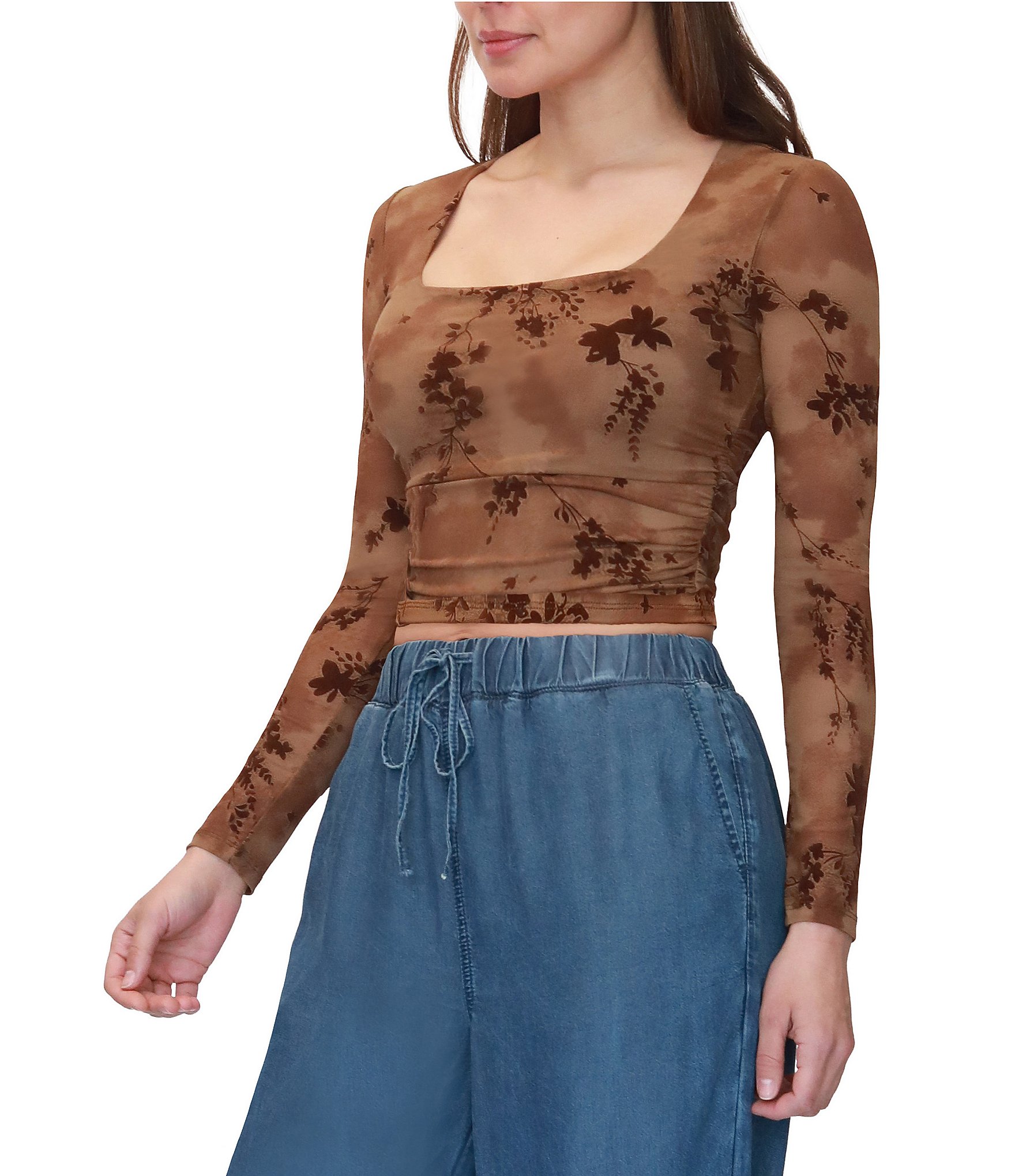 Stevie By Steve Madden Flocked Mesh Tie Dye Square Neck Ruched Side Long Sleeve Top