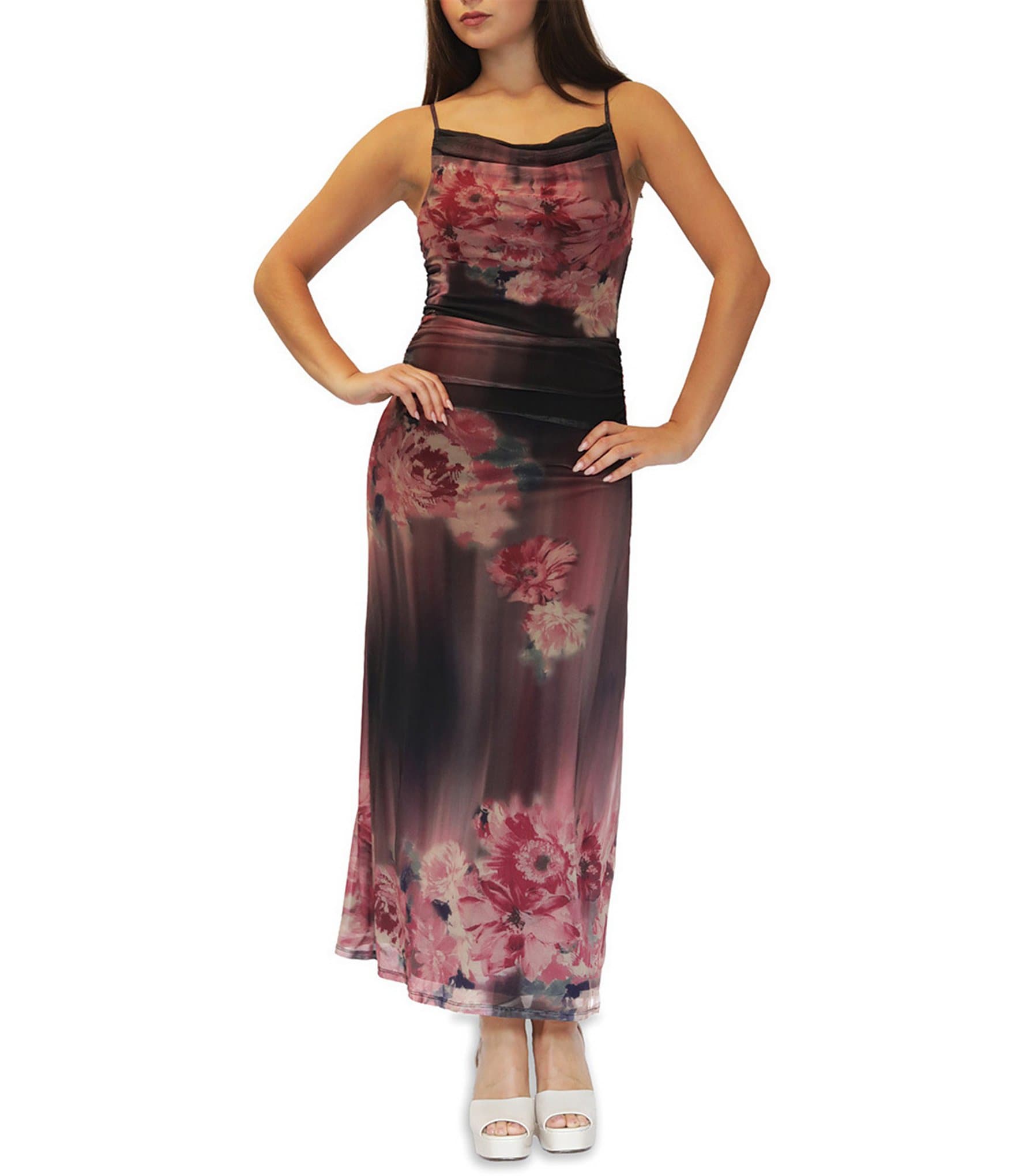 Stevie By Steve Madden Floral Printed Mesh Drape Neck Maxi Dress