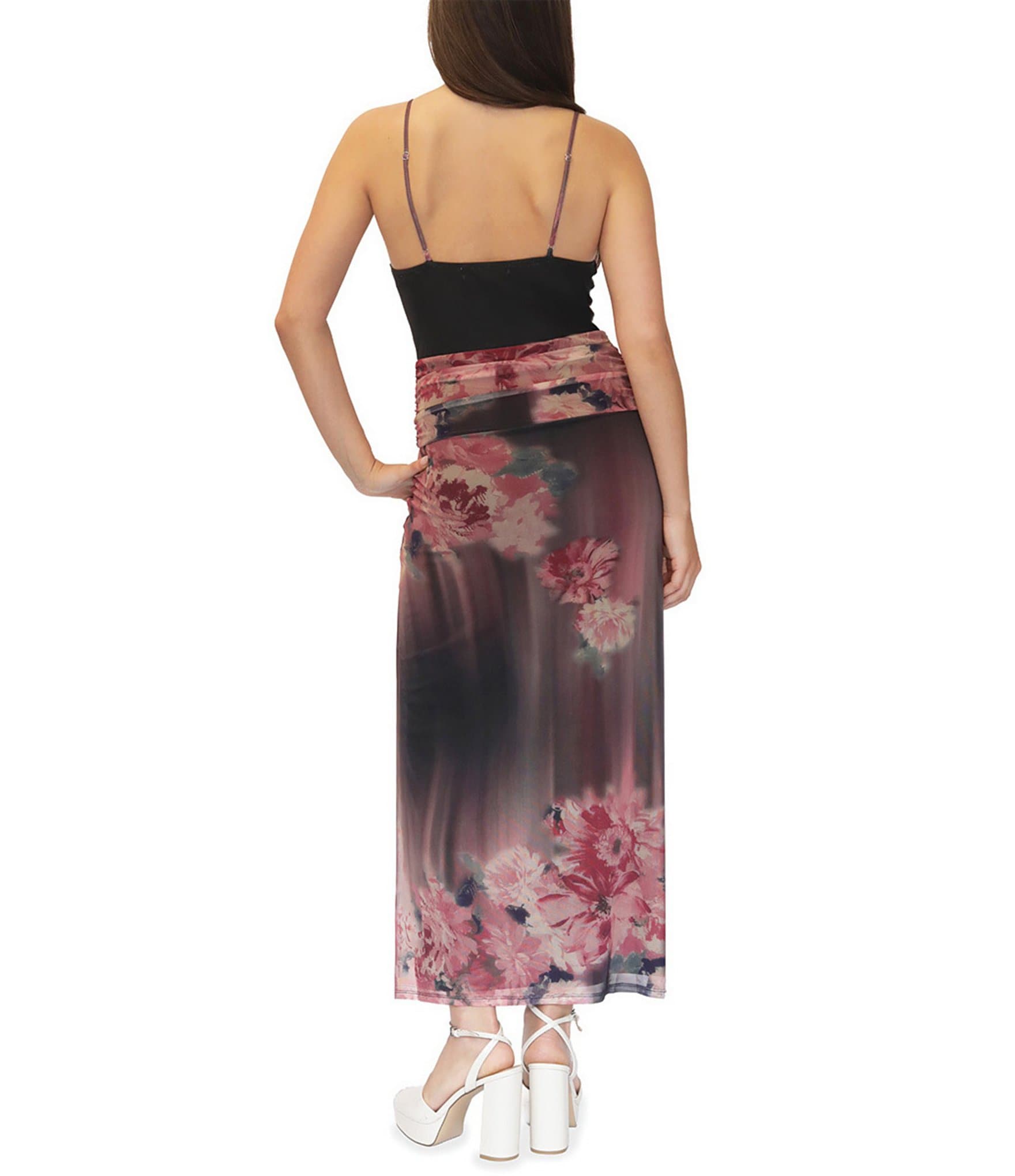 Stevie By Steve Madden Floral Printed Mesh Drape Neck Maxi Dress