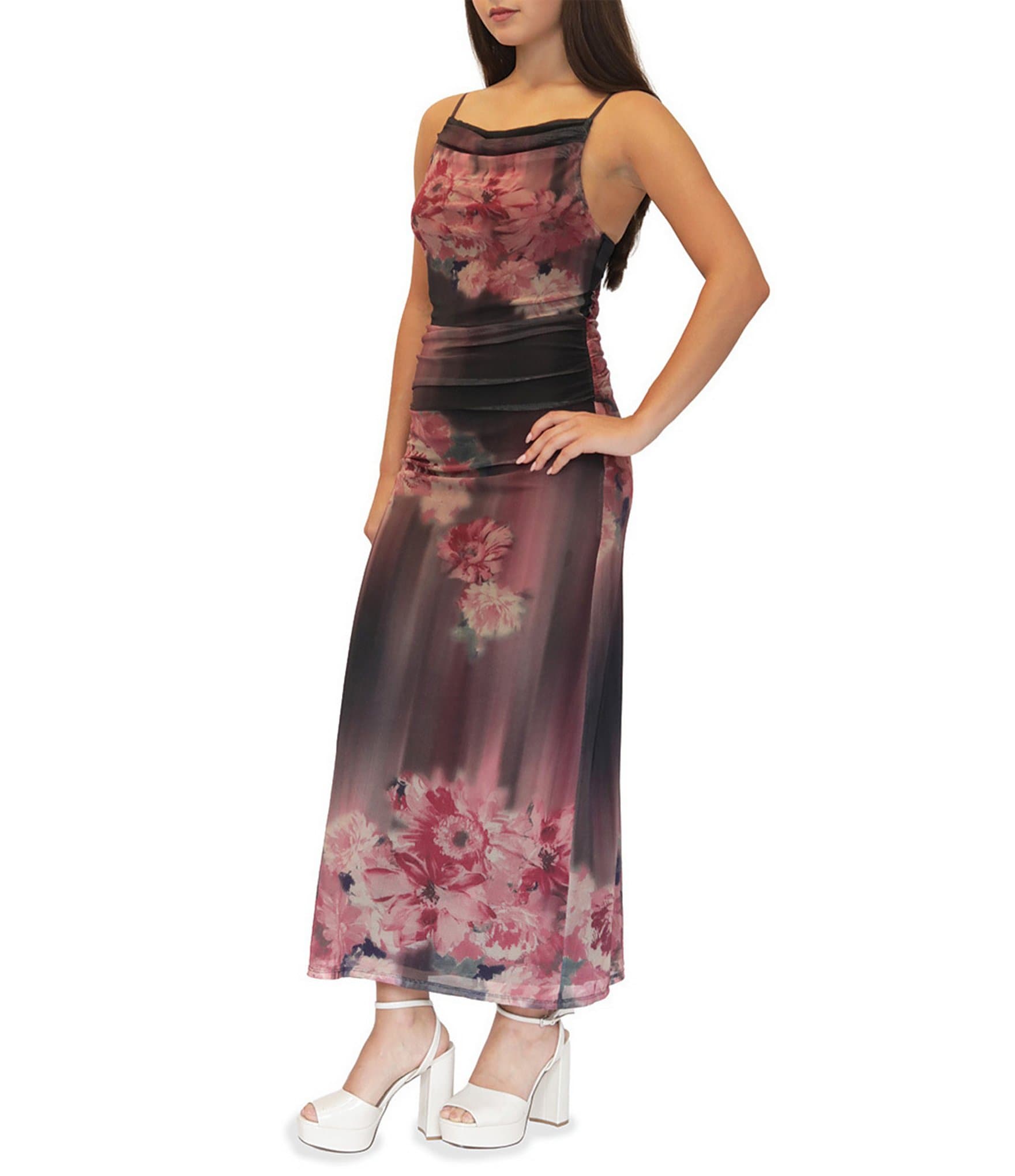 Stevie By Steve Madden Floral Printed Mesh Drape Neck Maxi Dress