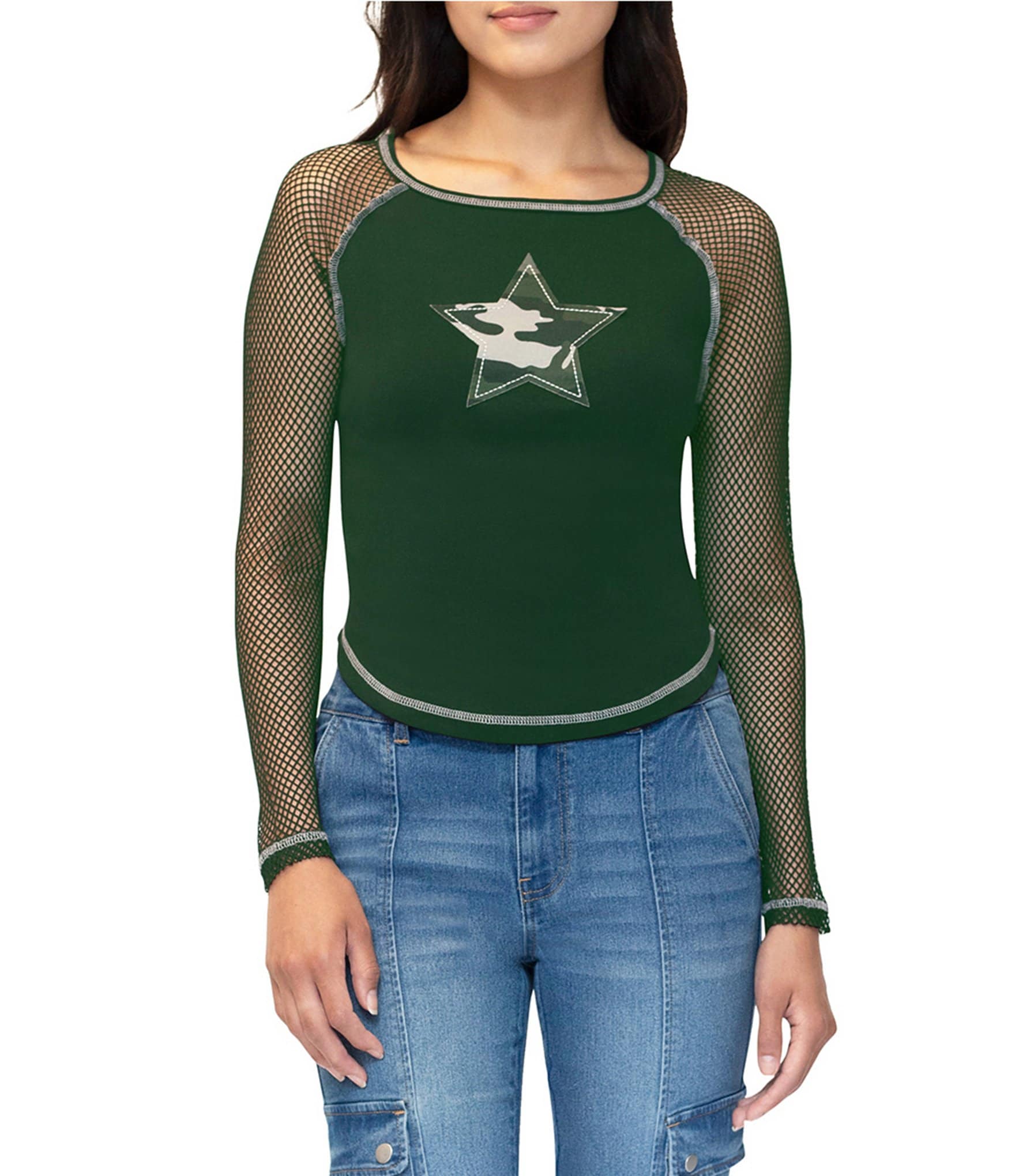 Stevie by Steve Madden Long Sleeve Fishnet Raglan With Patch