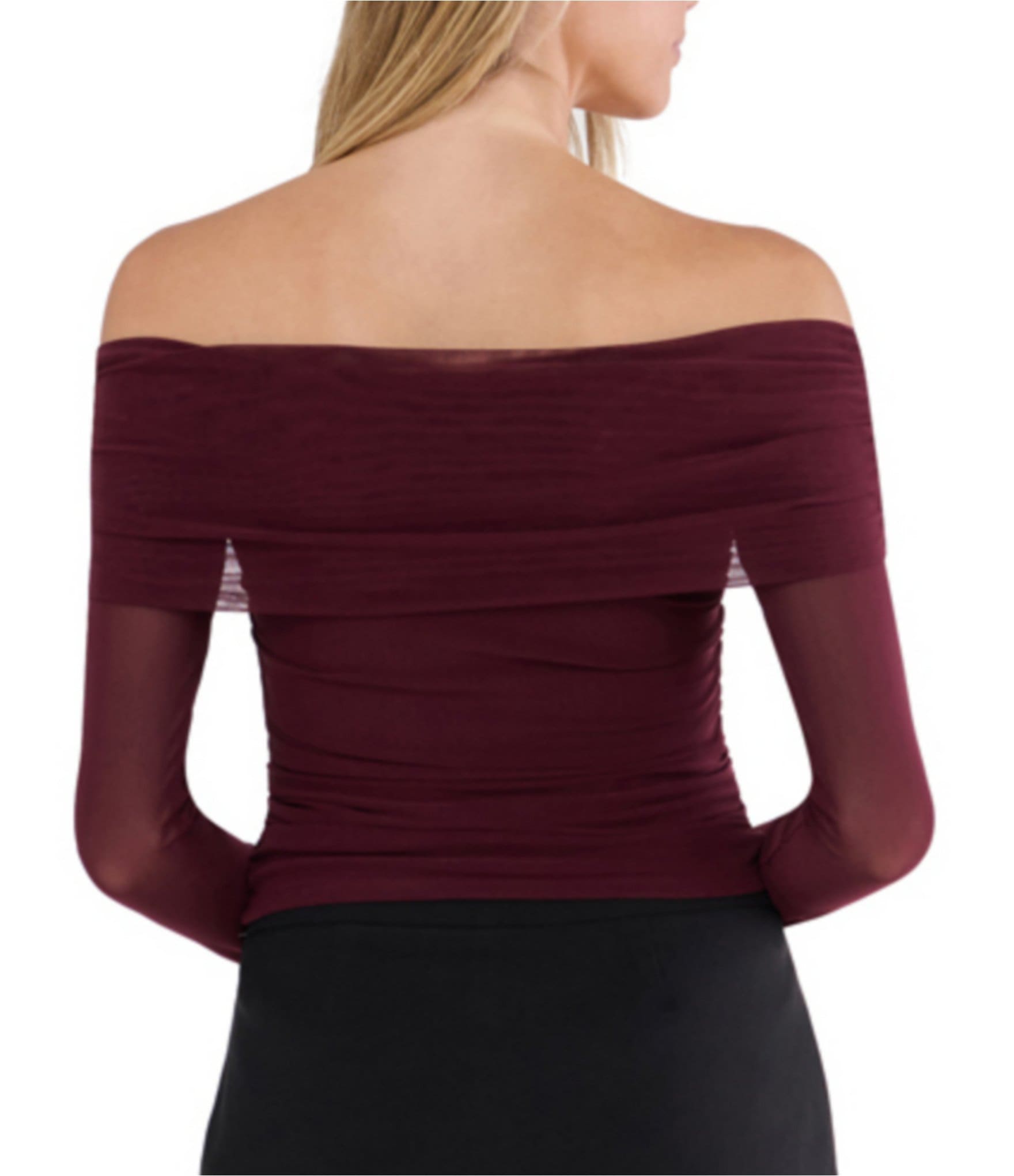 Stevie By Steve Madden Mesh Off-The-Shoulder Long Sleeve Ruched Top