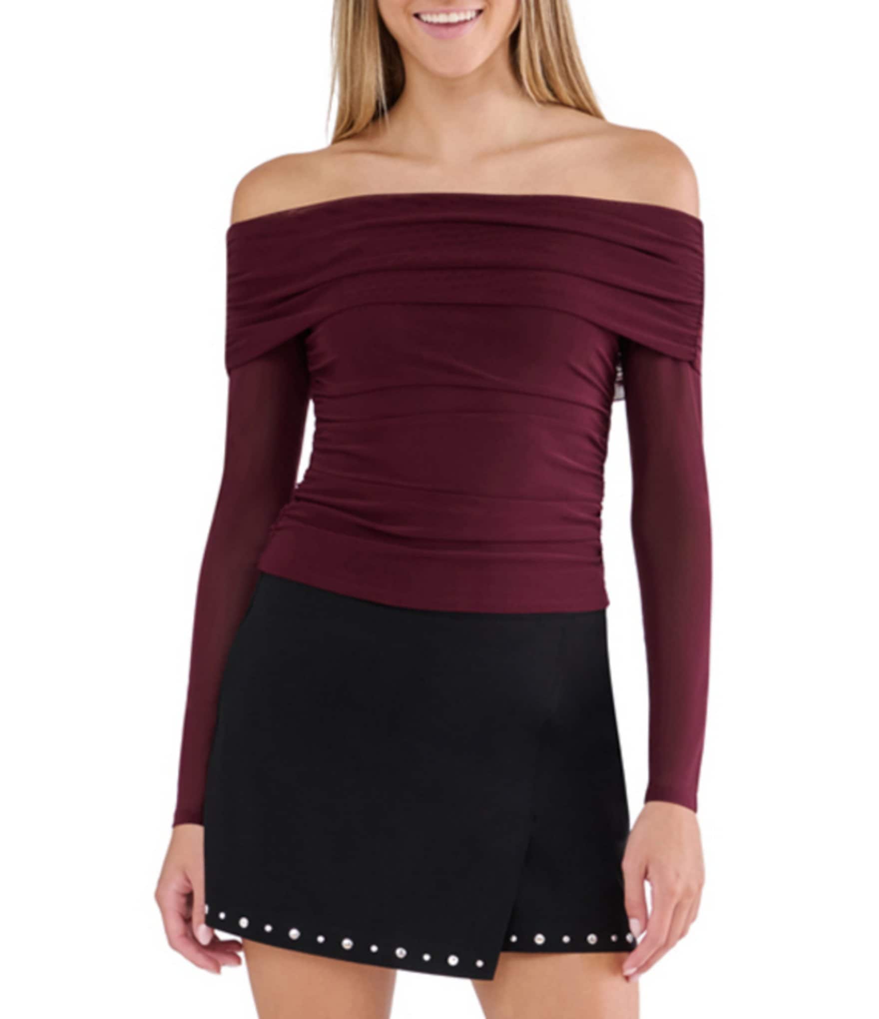 Stevie By Steve Madden Mesh Off-The-Shoulder Long Sleeve Ruched Top