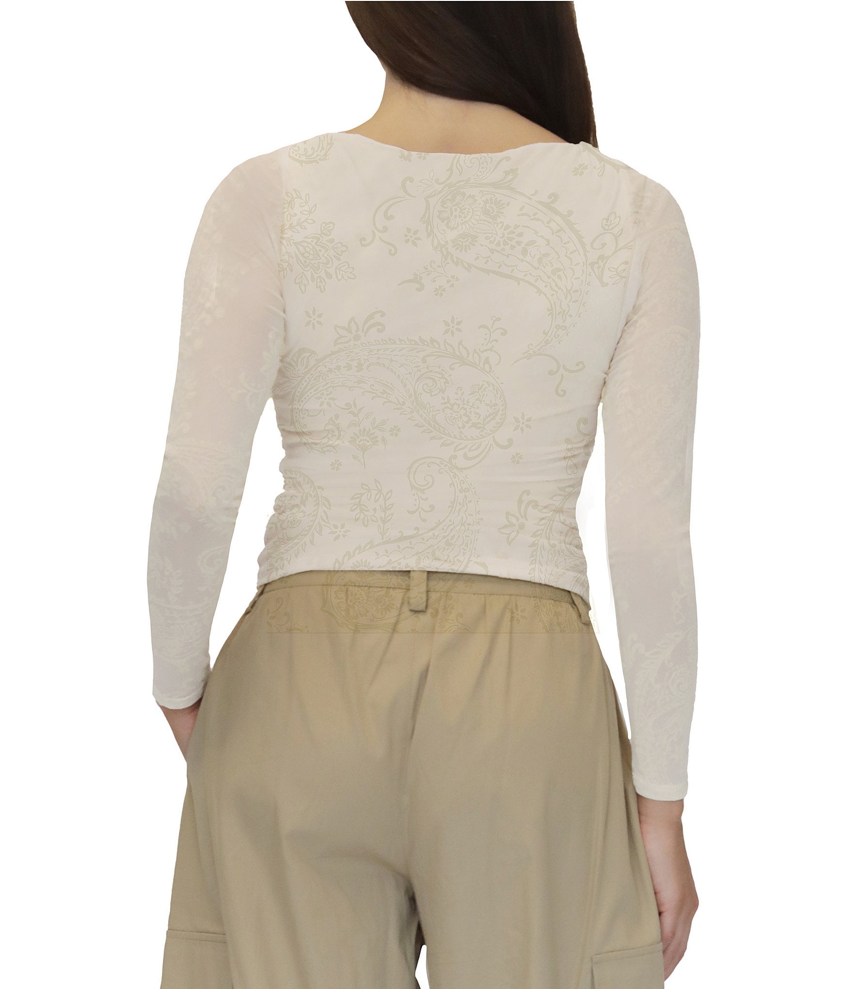 Stevie By Steve Madden Mesh Paisley Printed Long Sleeve Ruched Side Top