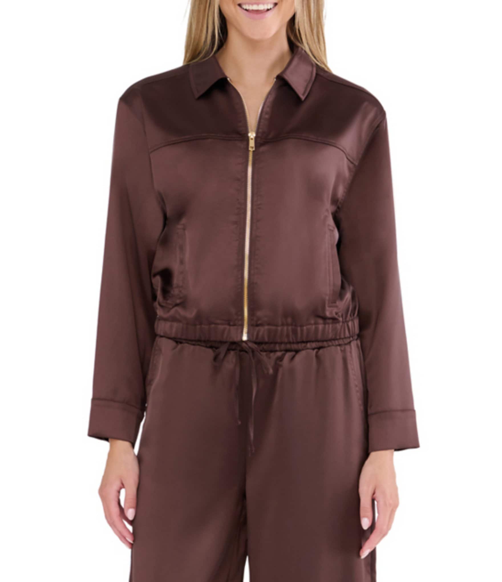 Stevie By Steve Madden Satin Collared Zip Up Long Sleeve Jacket
