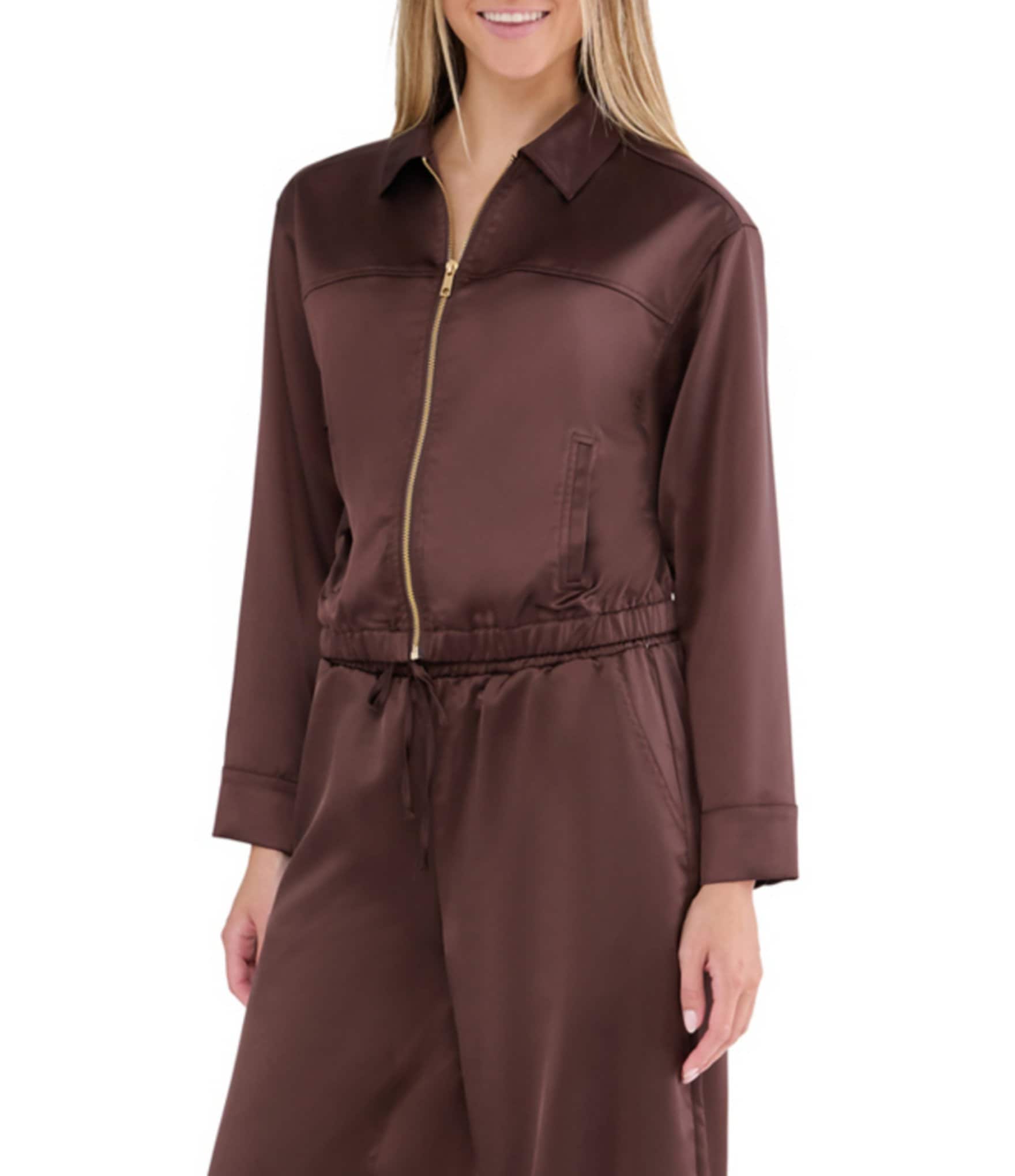 Stevie By Steve Madden Satin Collared Zip Up Long Sleeve Jacket
