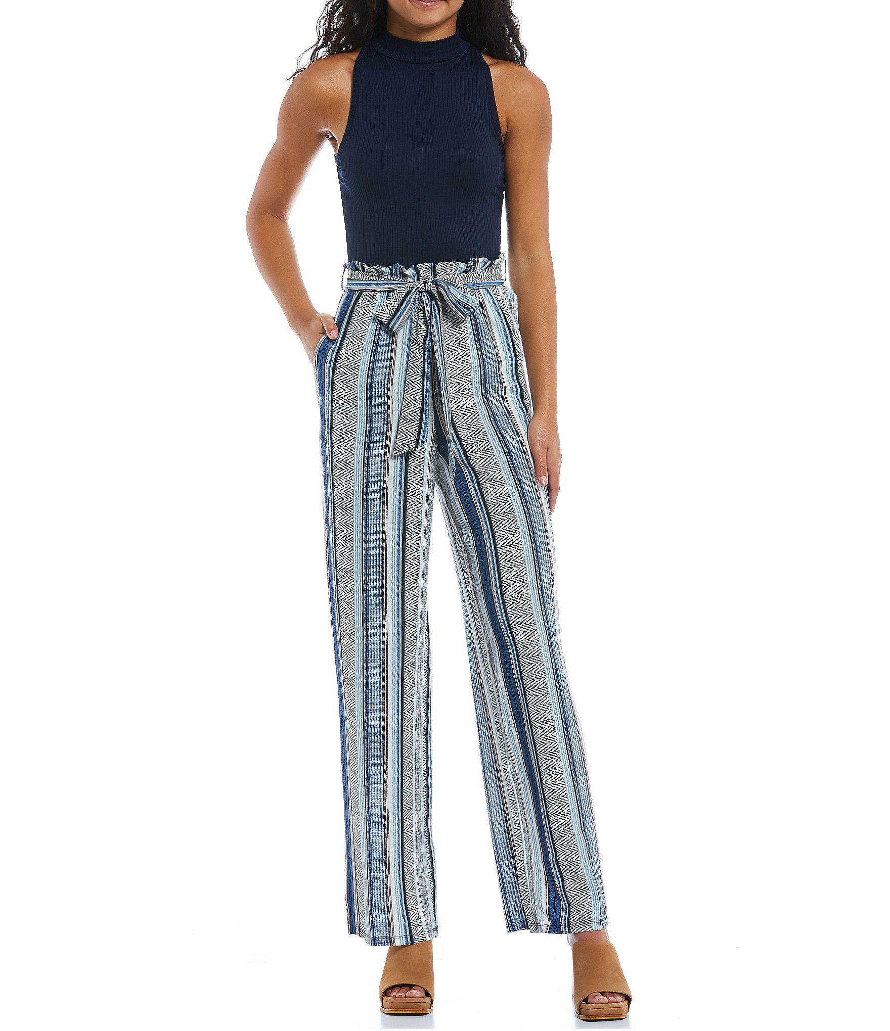 Stilletto's Halter Ribbed Top Printed Wide Leg Jumpsuit | Dillard's