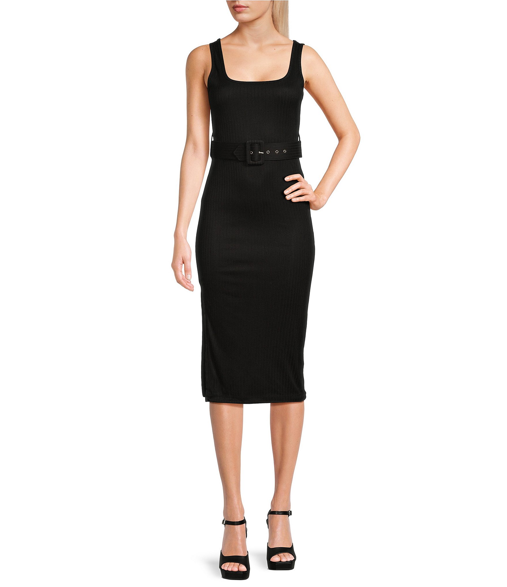 Stilletto's Square Neck Belted Bodycon Dress | Dillard's