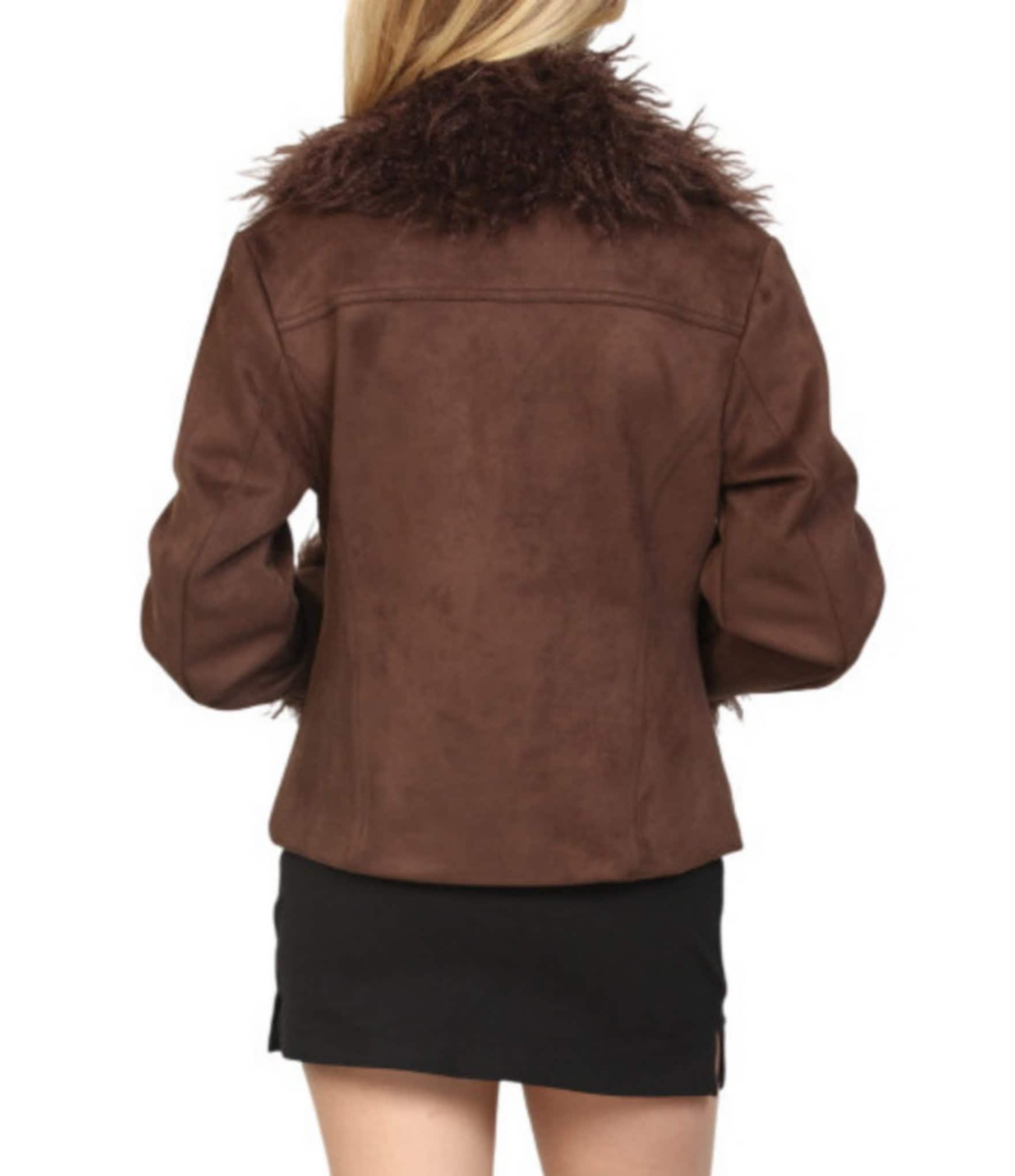 Stoosh Faux Suede & Faux Fur Collared Long Sleeve Fitted Zip Front Jacket