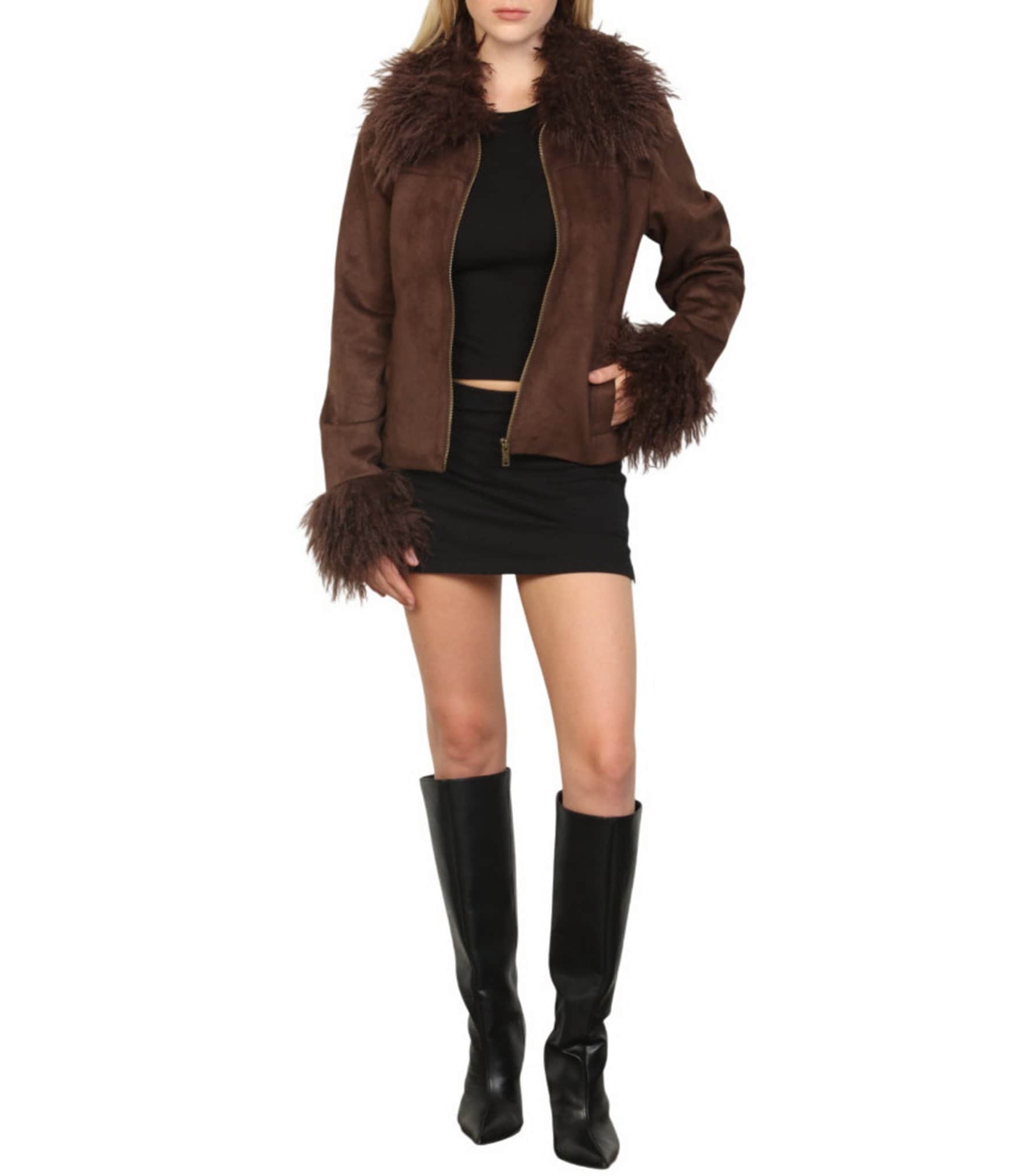 Stoosh Faux Suede & Faux Fur Collared Long Sleeve Fitted Zip Front Jacket