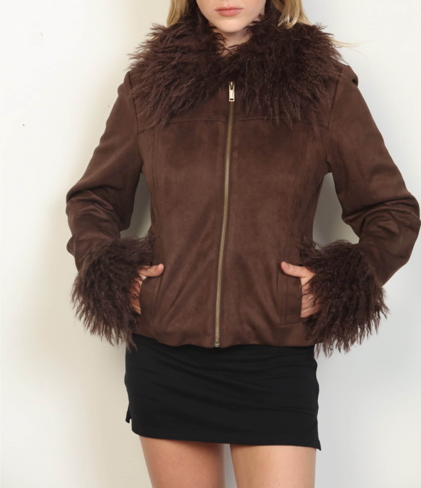 Stoosh Faux Suede & Faux Fur Collared Long Sleeve Fitted Zip Front Jacket