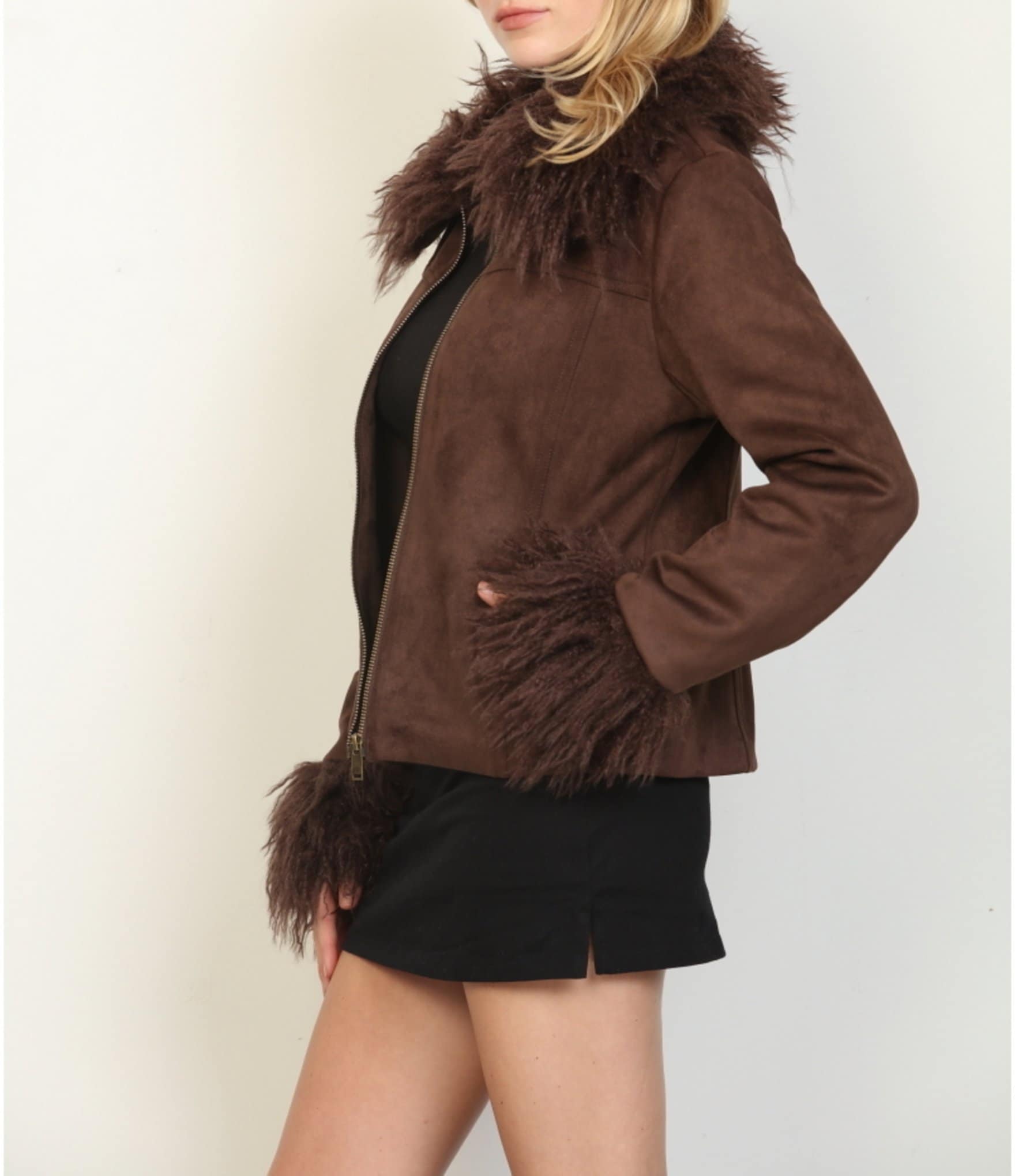 Stoosh Faux Suede & Faux Fur Collared Long Sleeve Fitted Zip Front Jacket