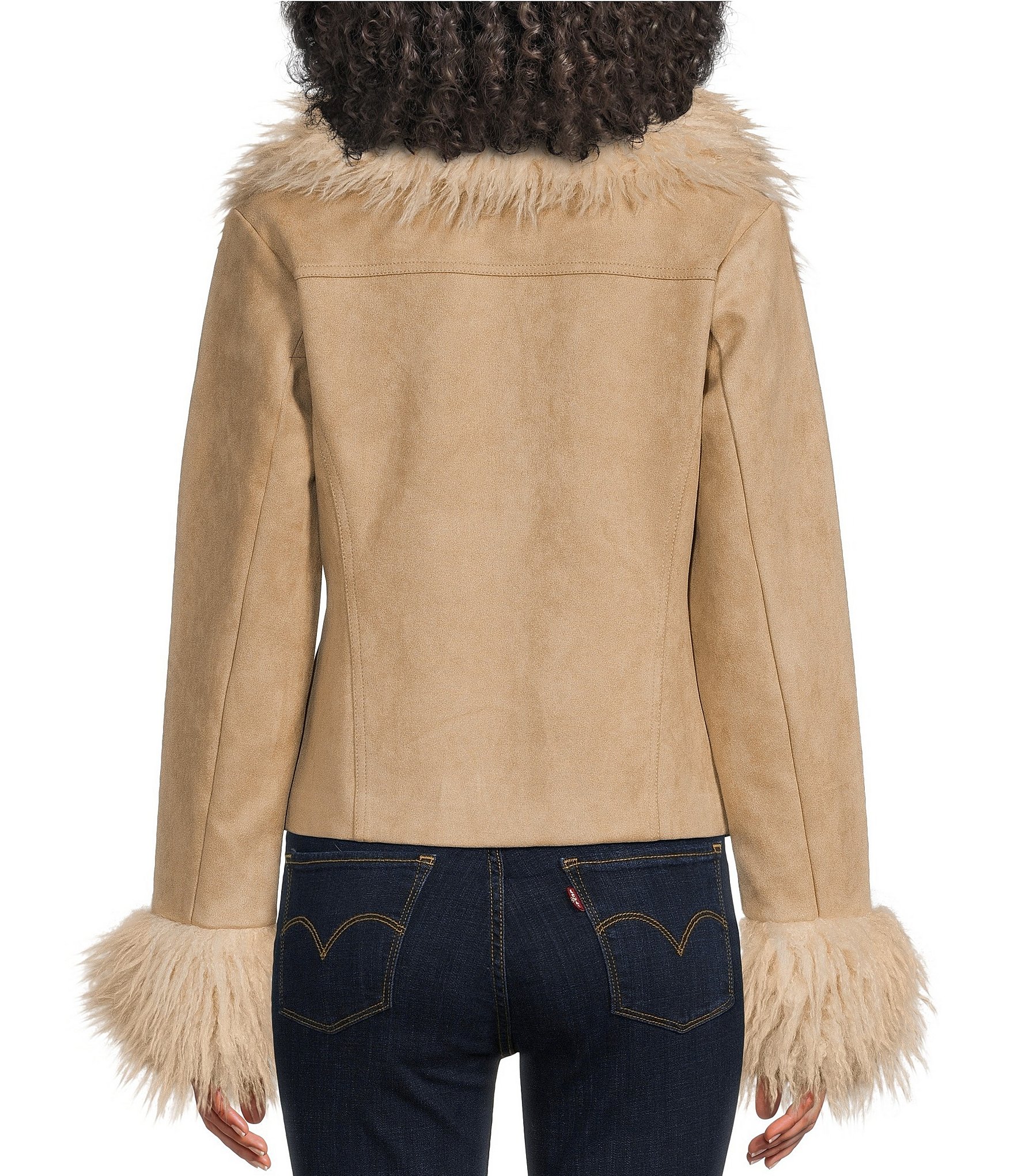 Stoosh Faux Suede & Faux Fur Collared Long Sleeve Fitted Zip Front Jacket