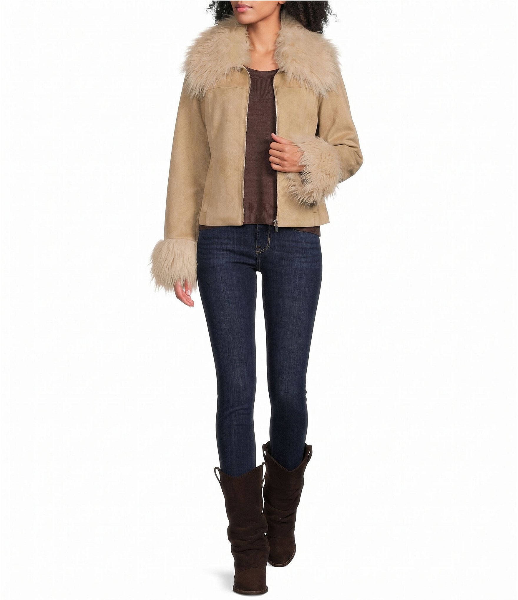 Stoosh Faux Suede & Faux Fur Collared Long Sleeve Fitted Zip Front Jacket
