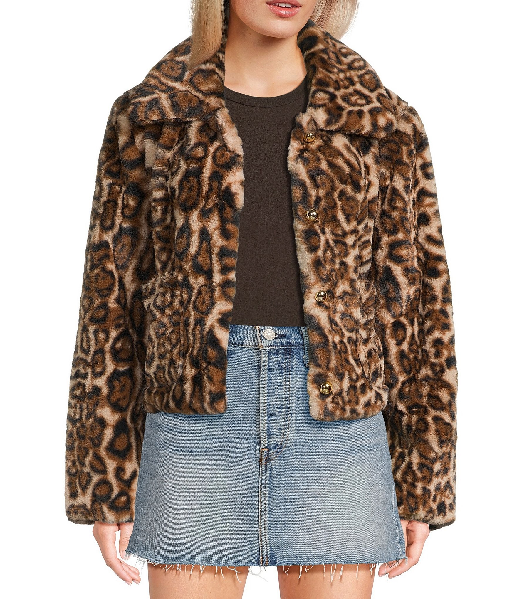 Stoosh Leopard Print Faux Fur Button Front Jacket