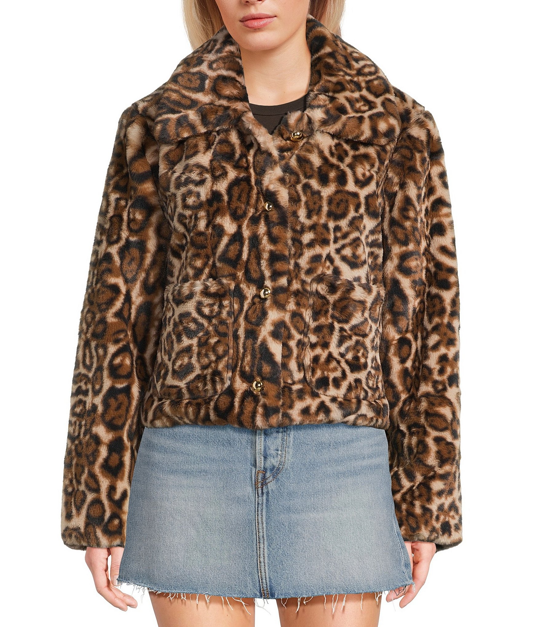 Stoosh Leopard Print Faux Fur Button Front Jacket