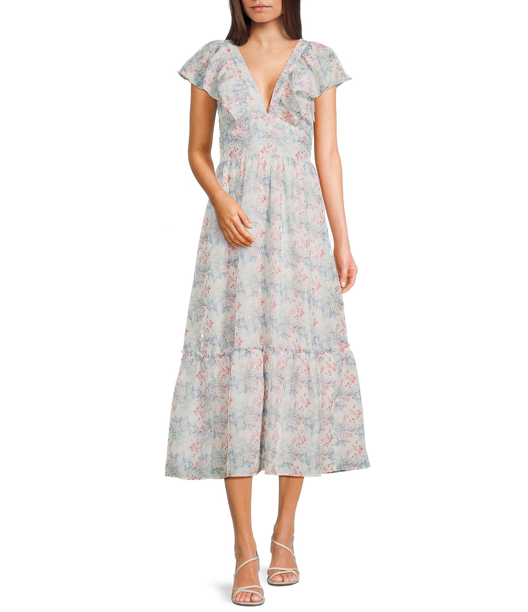 Storia Floral Print Deep V-Neck Flutter Sleeve Tie Back Midi Dress