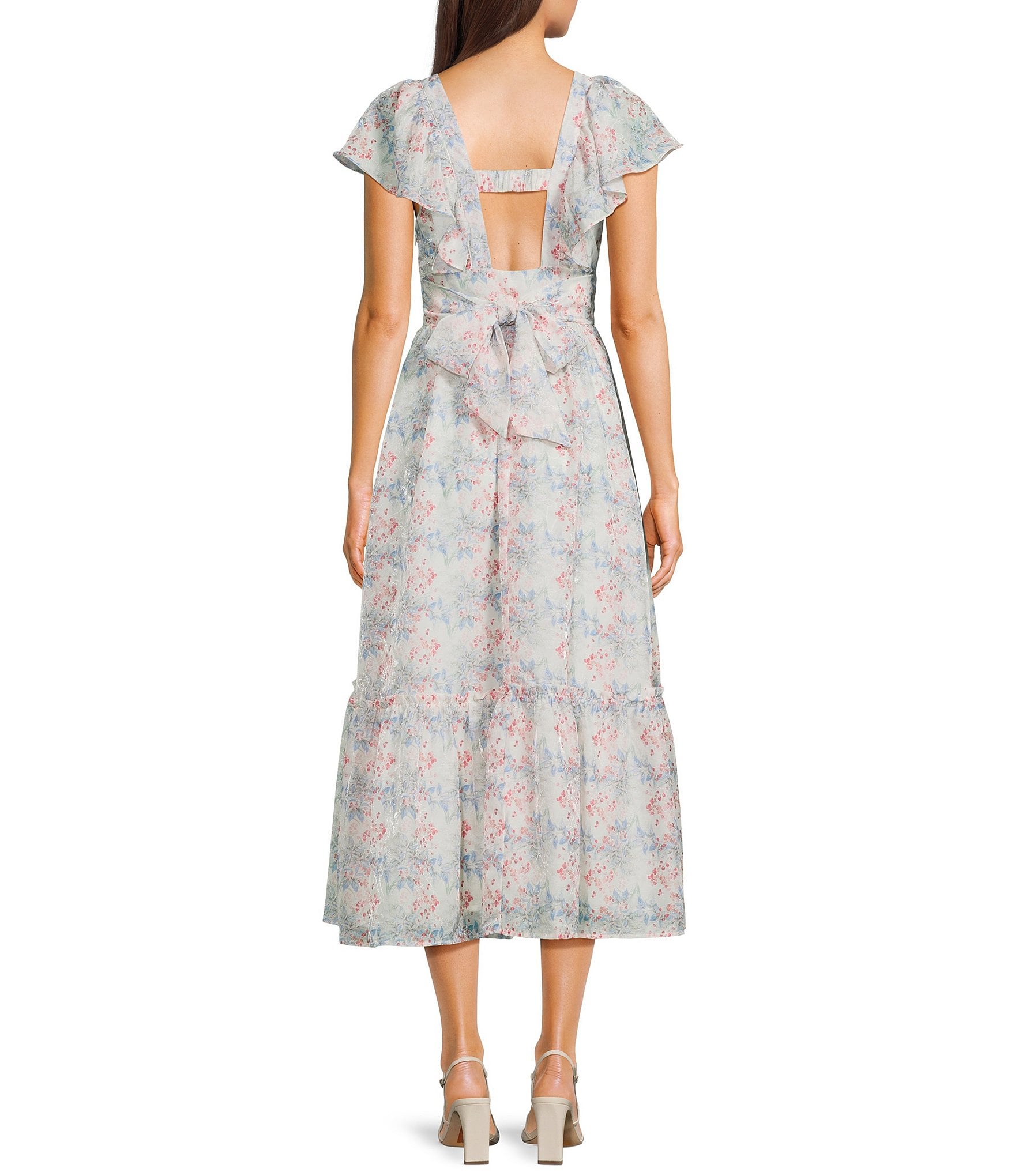Storia Floral Print Deep V-Neck Flutter Sleeve Tie Back Midi Dress
