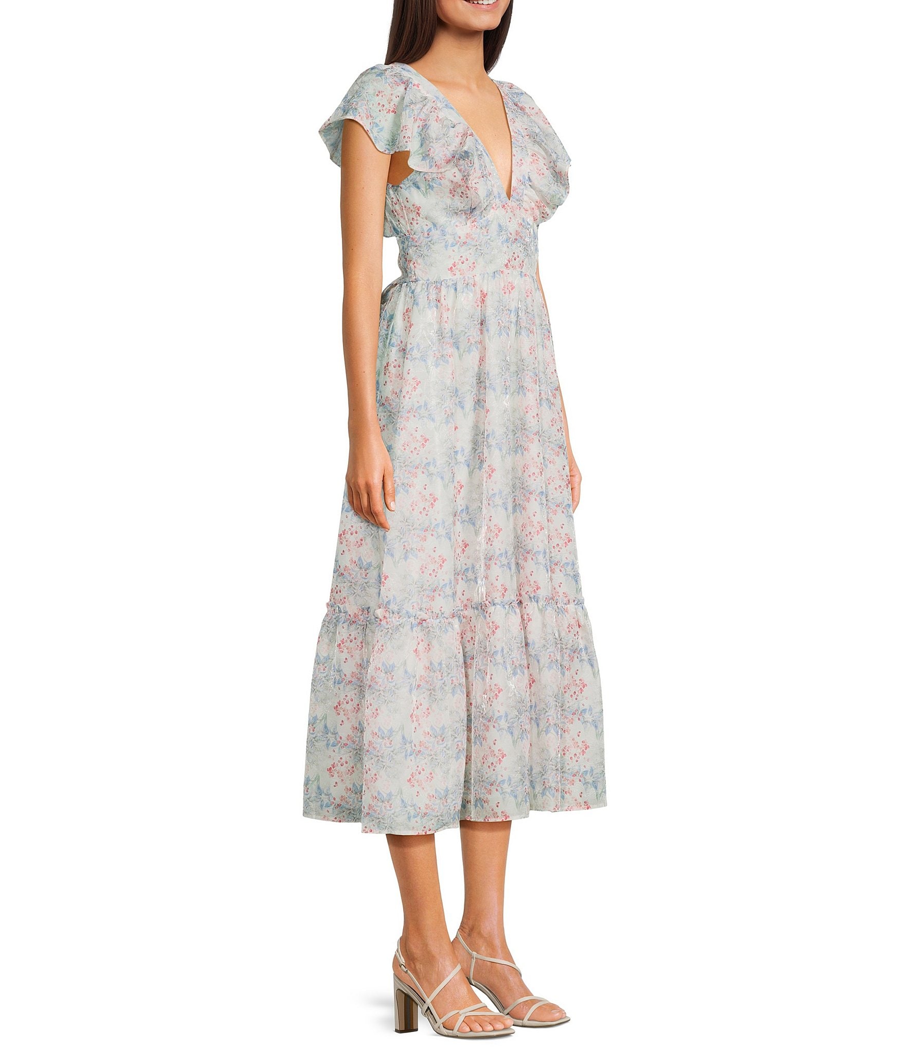 Storia Floral Print Deep V-Neck Flutter Sleeve Tie Back Midi Dress