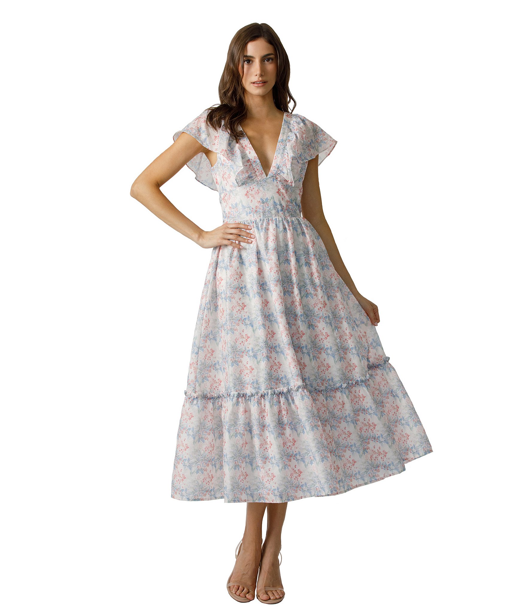 Storia Floral Print Deep V-Neck Flutter Sleeve Tie Back Midi Dress