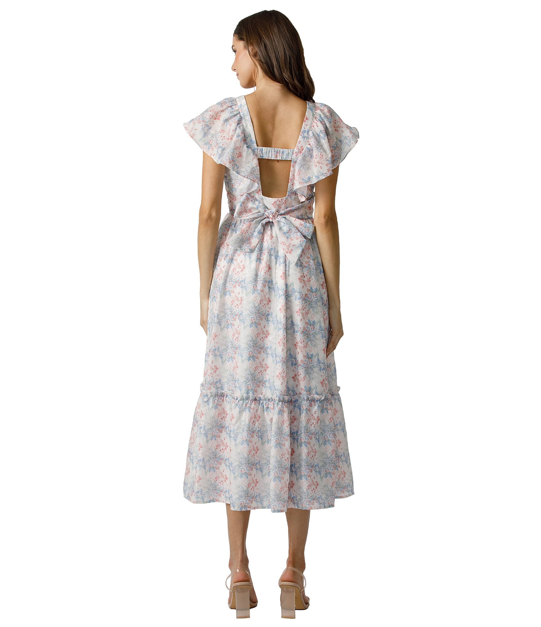 Storia Floral Print Deep V-Neck Flutter Sleeve Tie Back Midi Dress