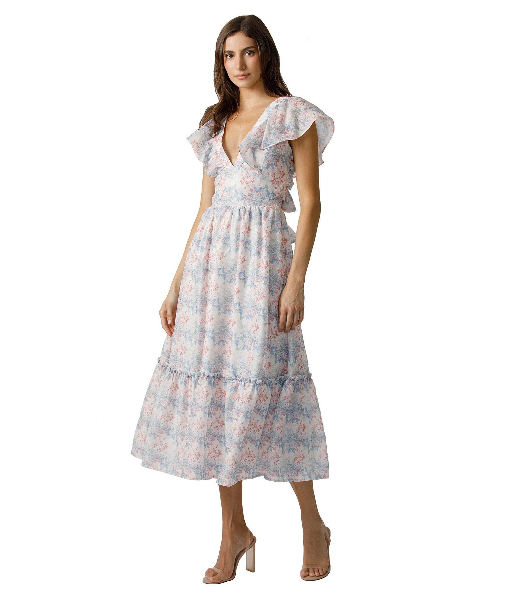 Storia Floral Print Deep V-Neck Flutter Sleeve Tie Back Midi Dress