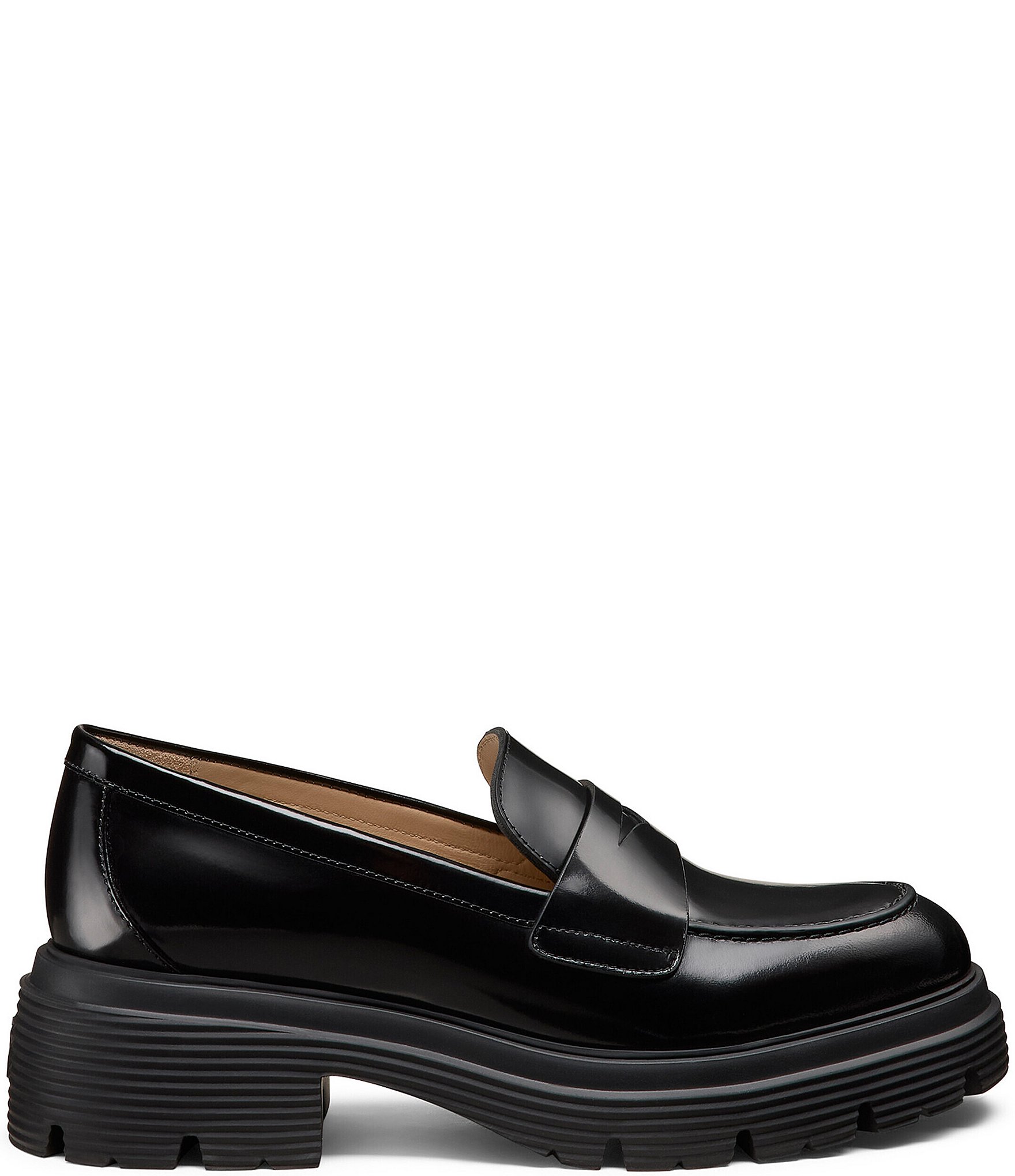 Stuart Weitzman Hudson Lite High Shine Leather Block Heel Penny Loafers