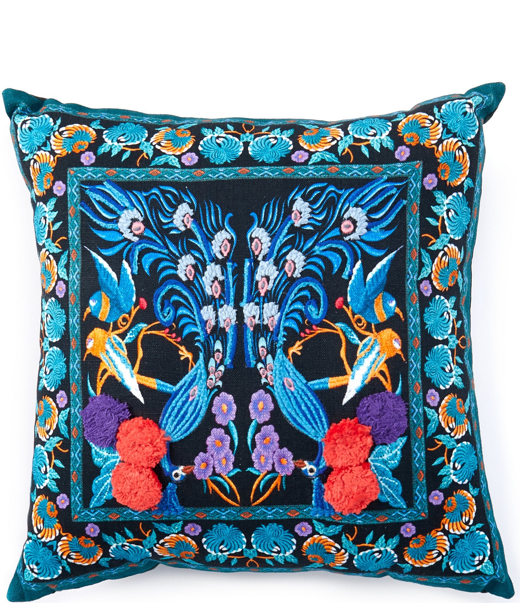 Studio D Embroidered Peacock Square Pillow