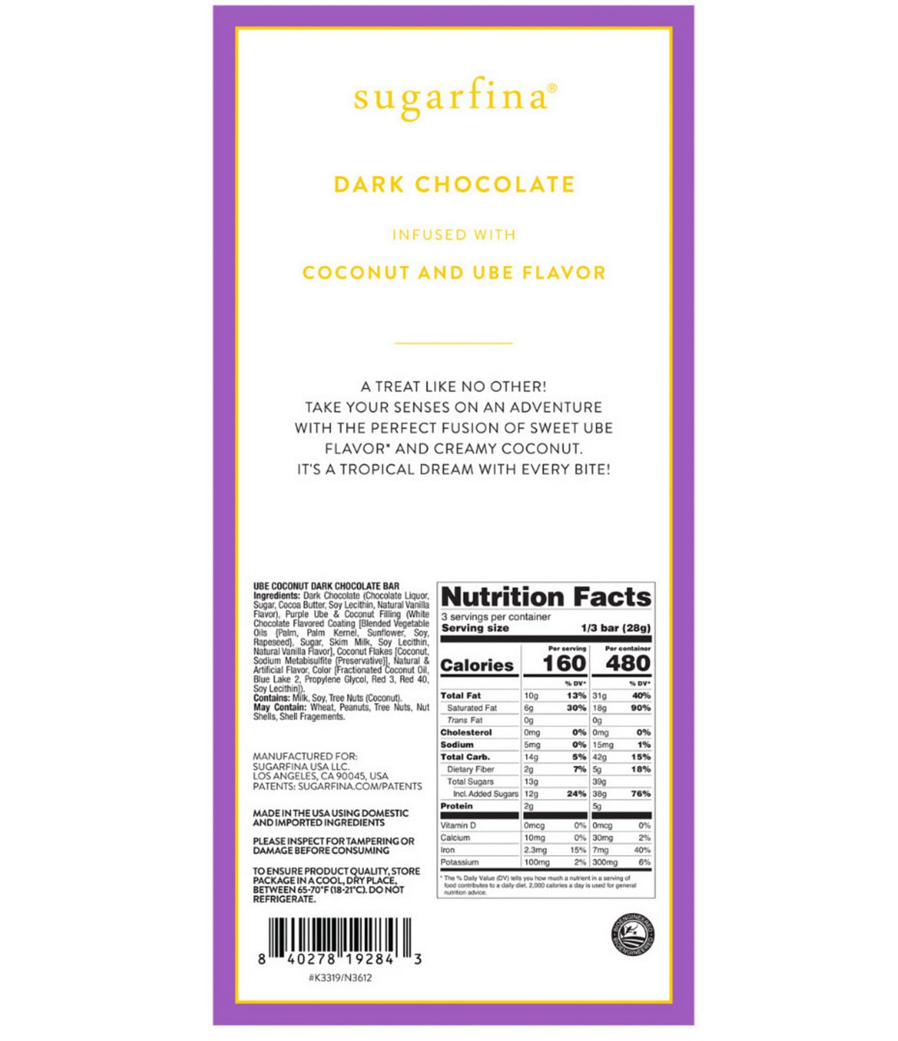 Sugarfina Ube Coconut Cream Chocolate Bar 4pc Kit