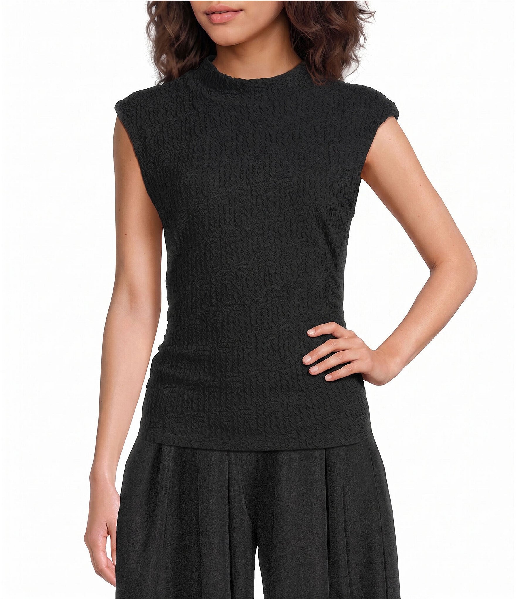 Sugarlips Abstract Patterned Bubble Mock Neck Cap Sleeve Textured Knit Top