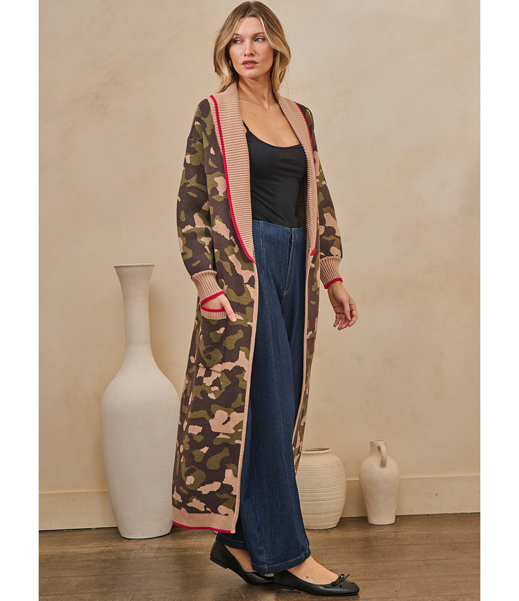 Sugarlips Camo Printed Collared Long Sleeve Open Front Duster Cardigan