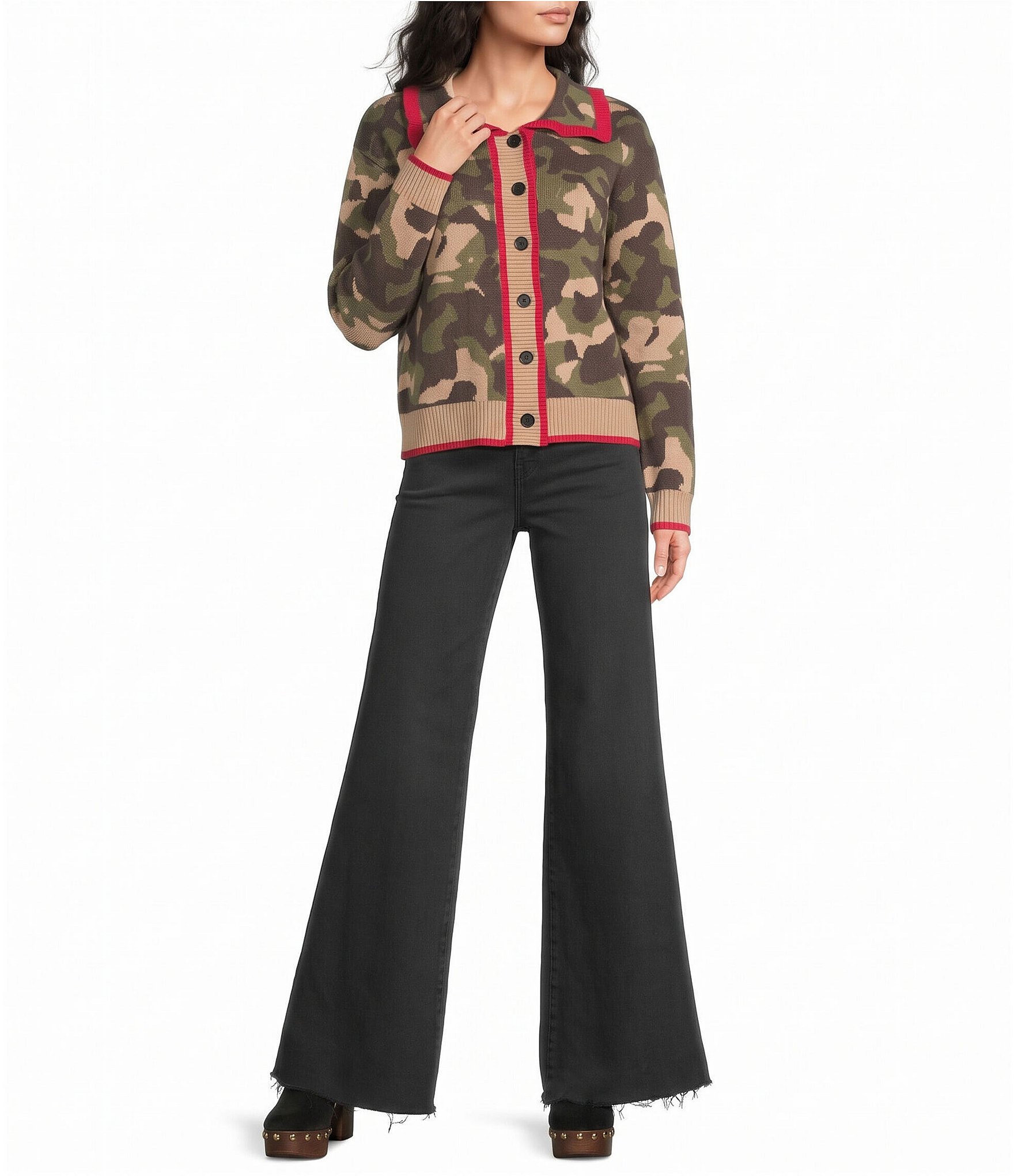 Sugarlips Camo Printed Ruffled Collar Long Sleeve Button Front Cardigan