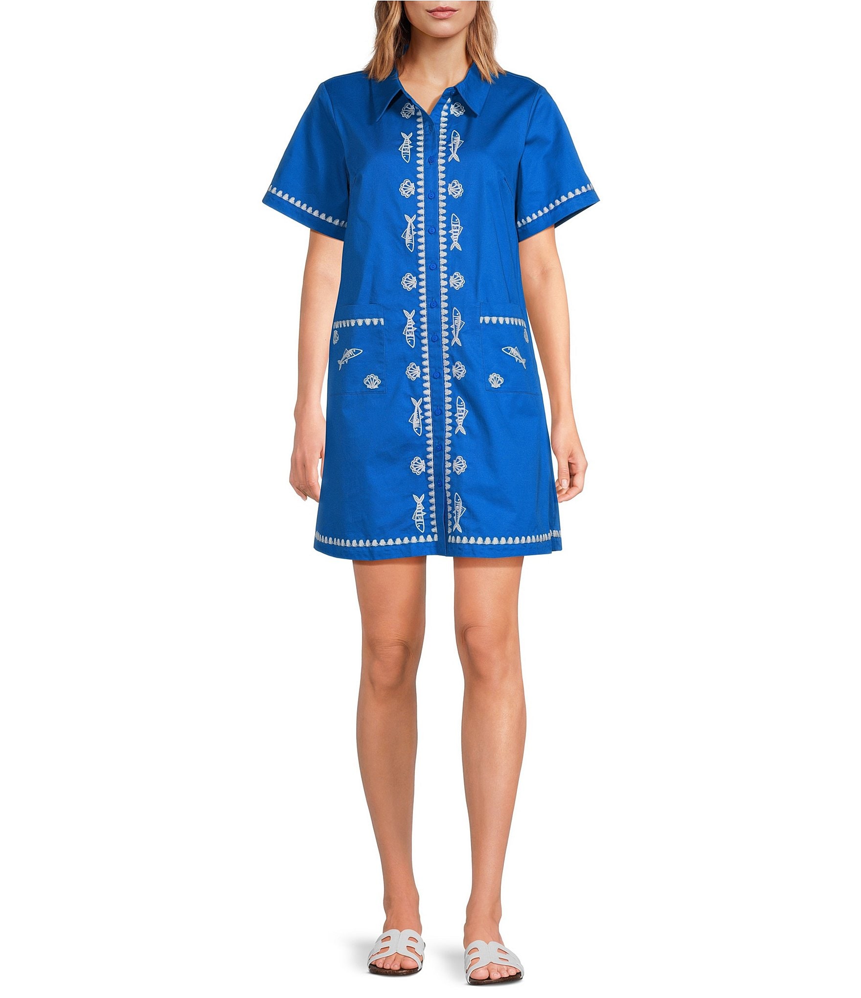Sugarlips Dalphy Sardine Embroidered Point Collar Short Sleeve Button Down Mini Dress