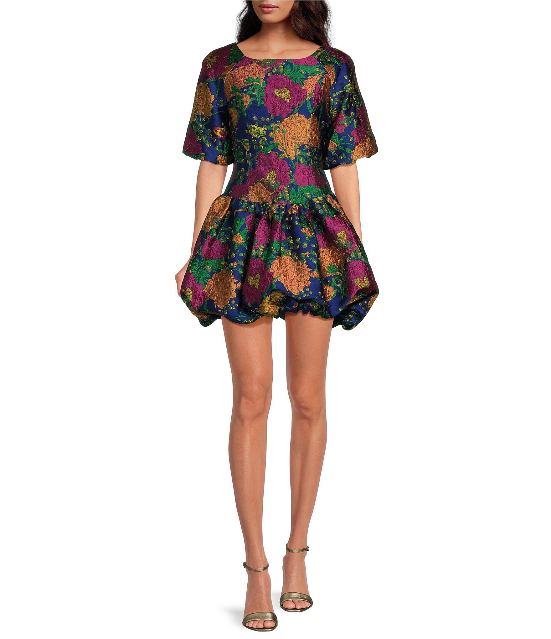 Sugarlips Floral Jacquard Round Neck Short Puff Sleeve Bubble Hem Mini Dress | Dillard's