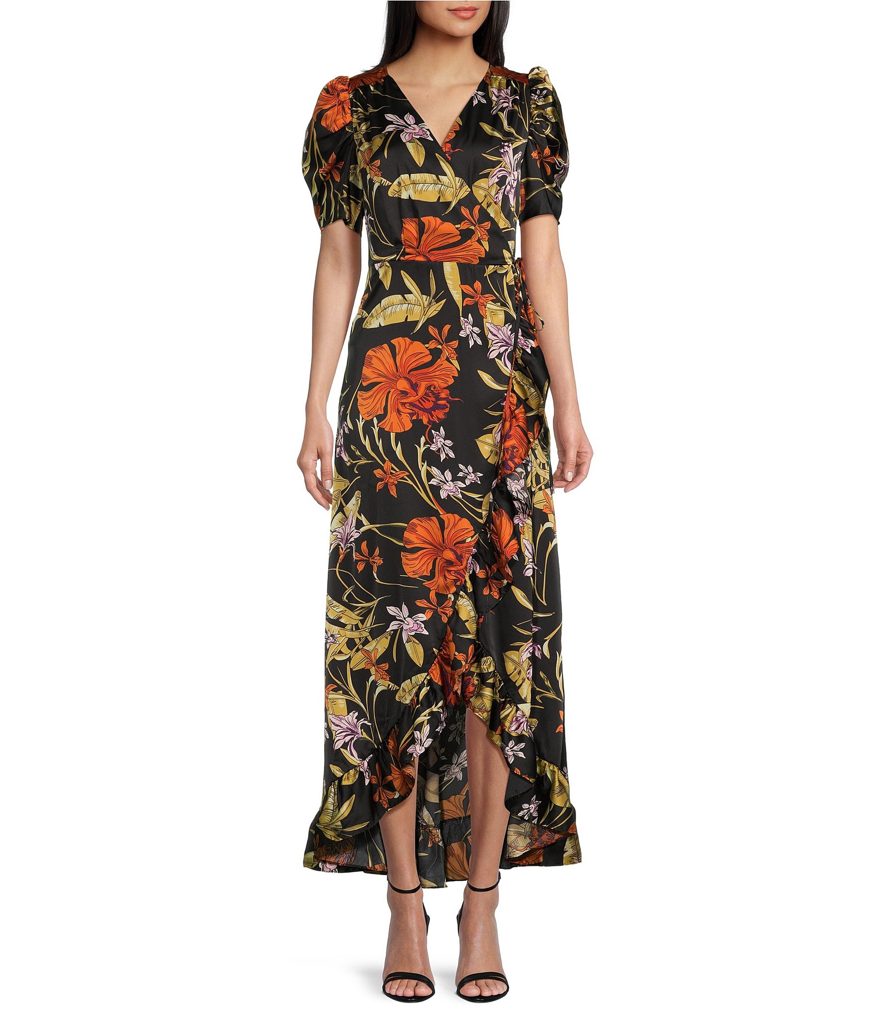 Sugarlips Floral Print V-Neck Short Sleeve Wrap Ruffle Maxi Dress |  Dillard's