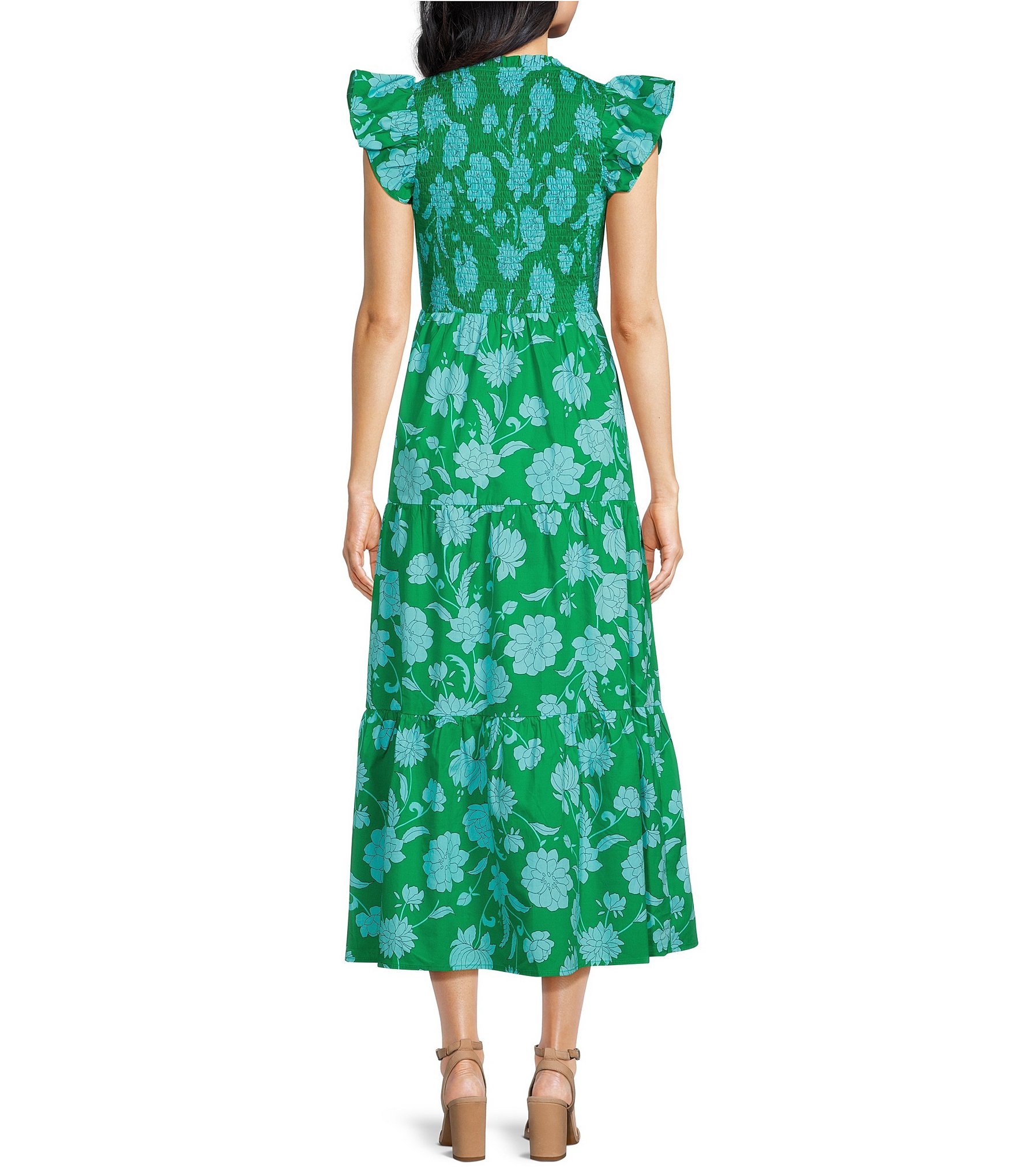 Sugarlips Floral Sunfire Print Smocked V-Neck Sleeveless Tiered A-Line Midi Dress