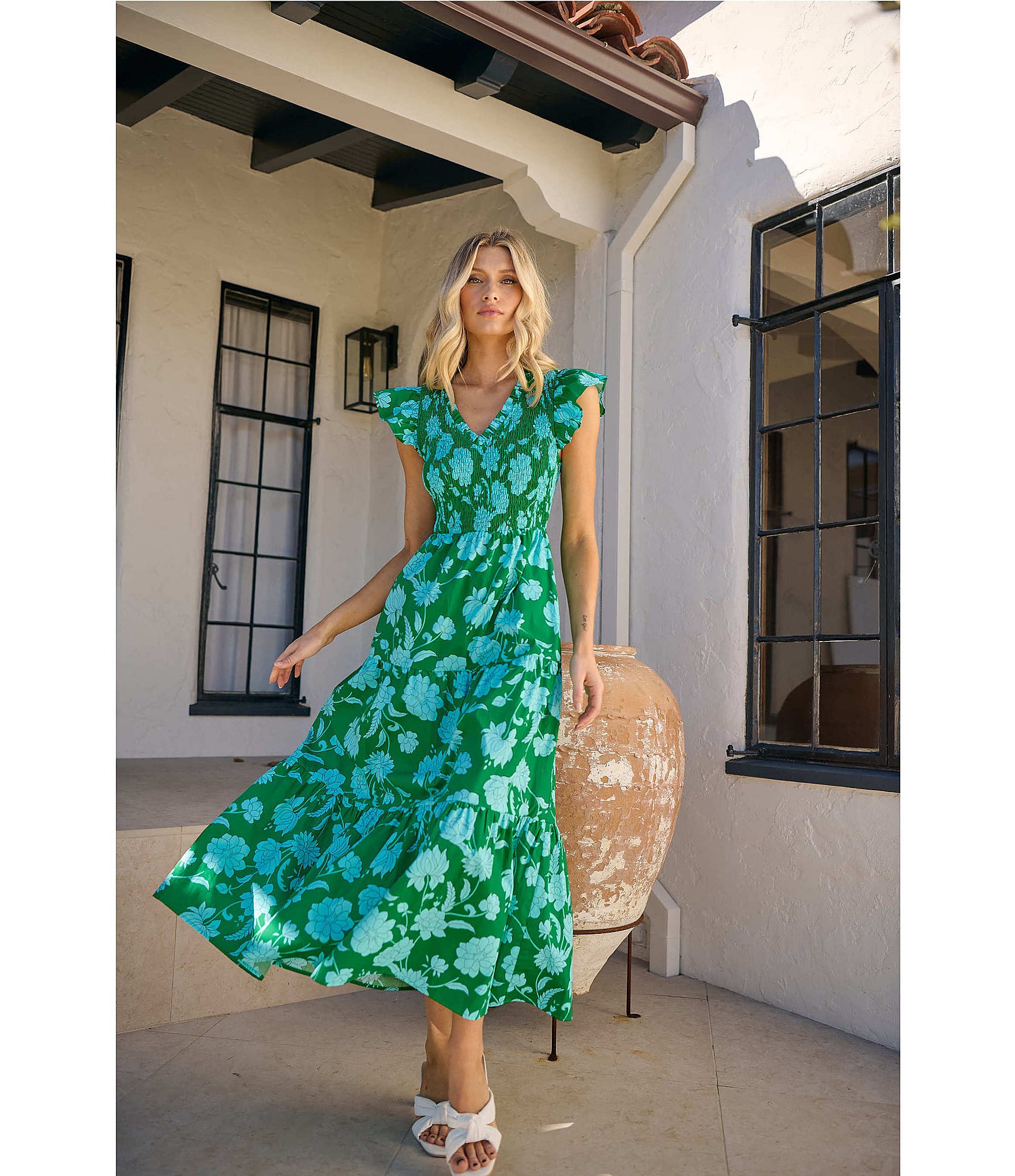Sugarlips Floral Sunfire Print Smocked V-Neck Sleeveless Tiered A-Line Midi Dress
