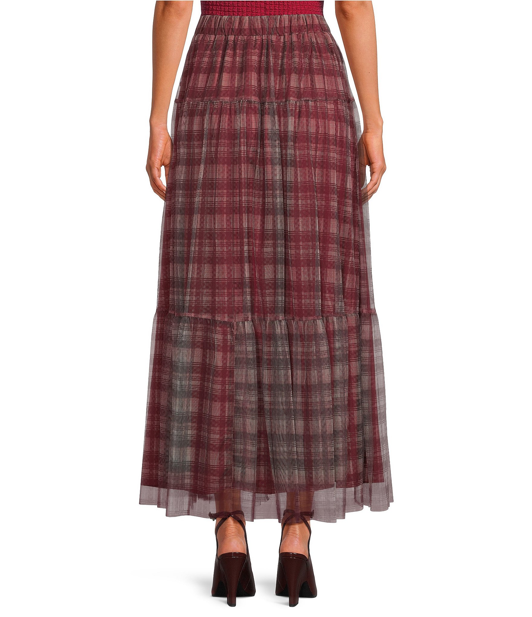 Sugarlips Isola Plaid Printed High Rise Tiered Mesh Maxi Skirt
