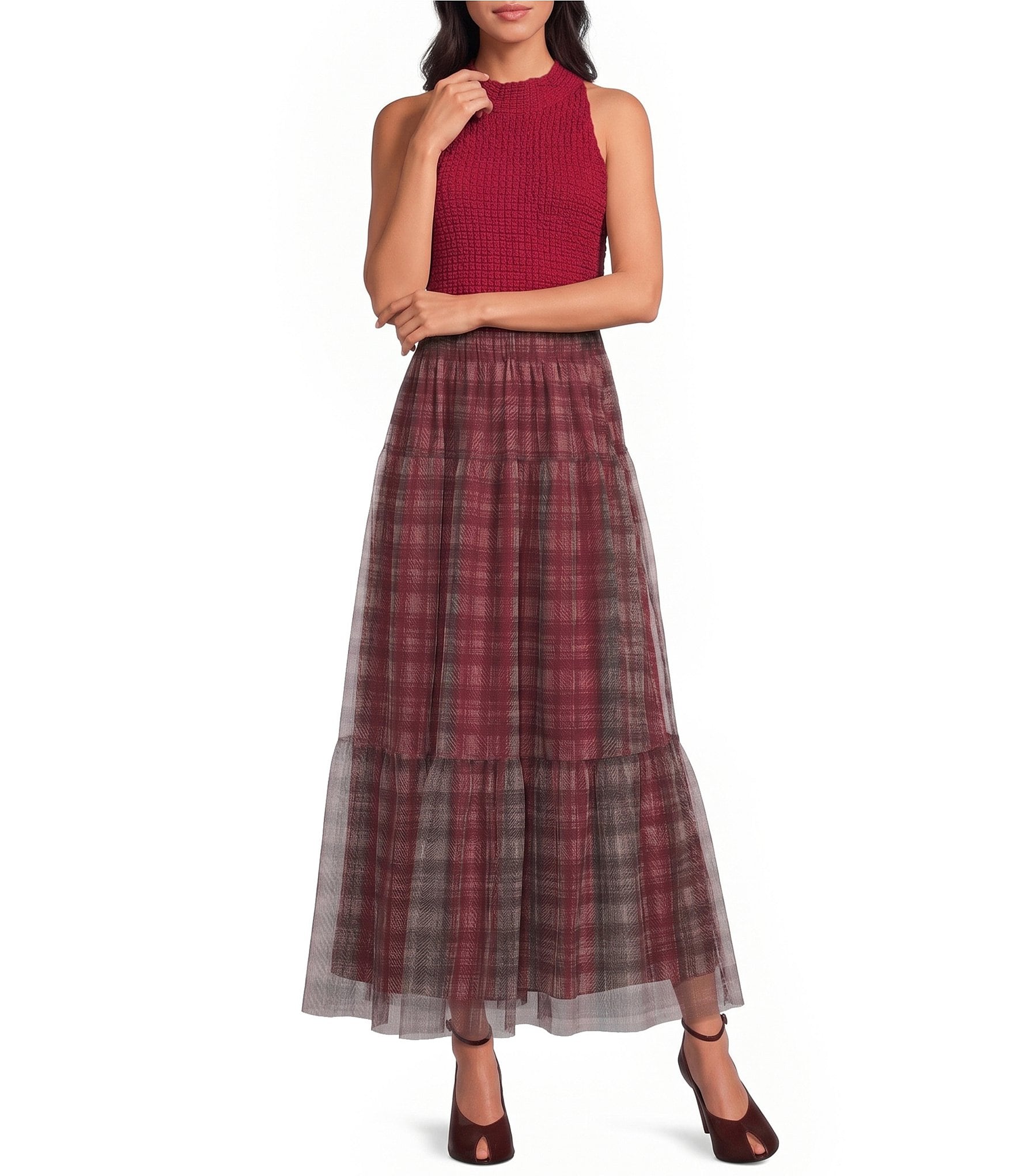 Sugarlips Isola Plaid Printed High Rise Tiered Mesh Maxi Skirt