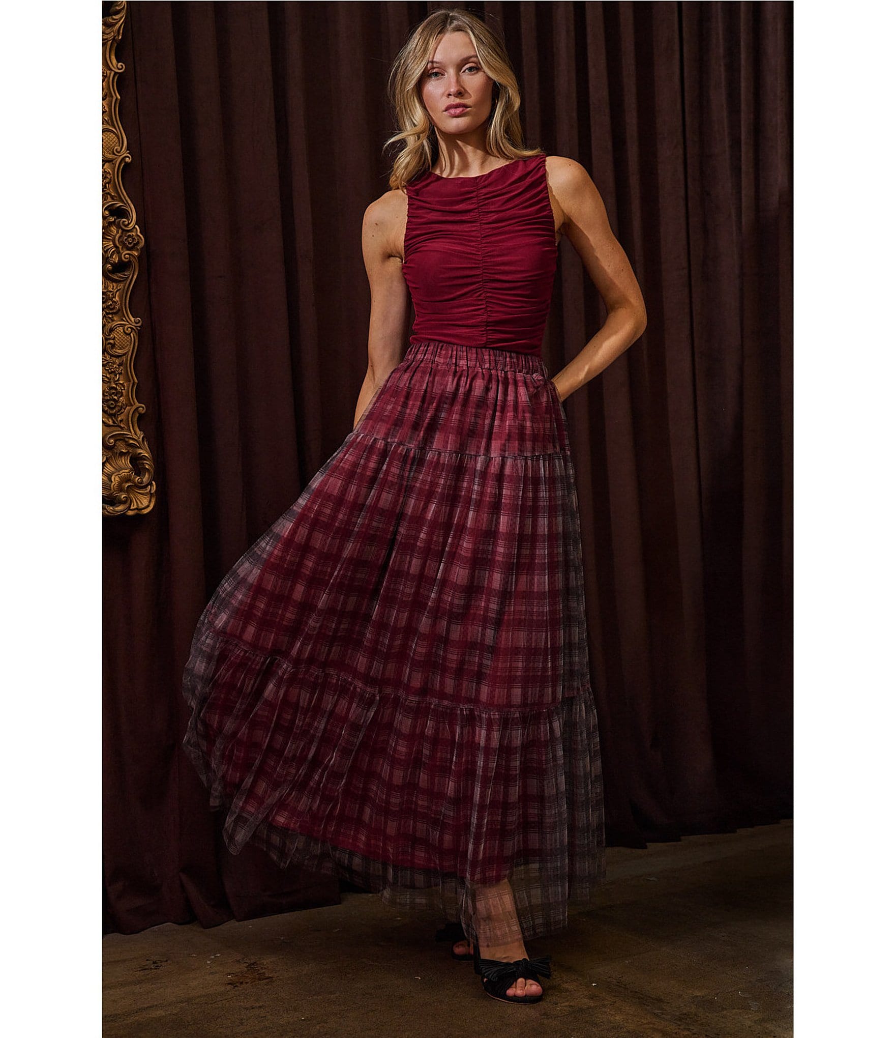 Sugarlips Isola Plaid Printed High Rise Tiered Mesh Maxi Skirt
