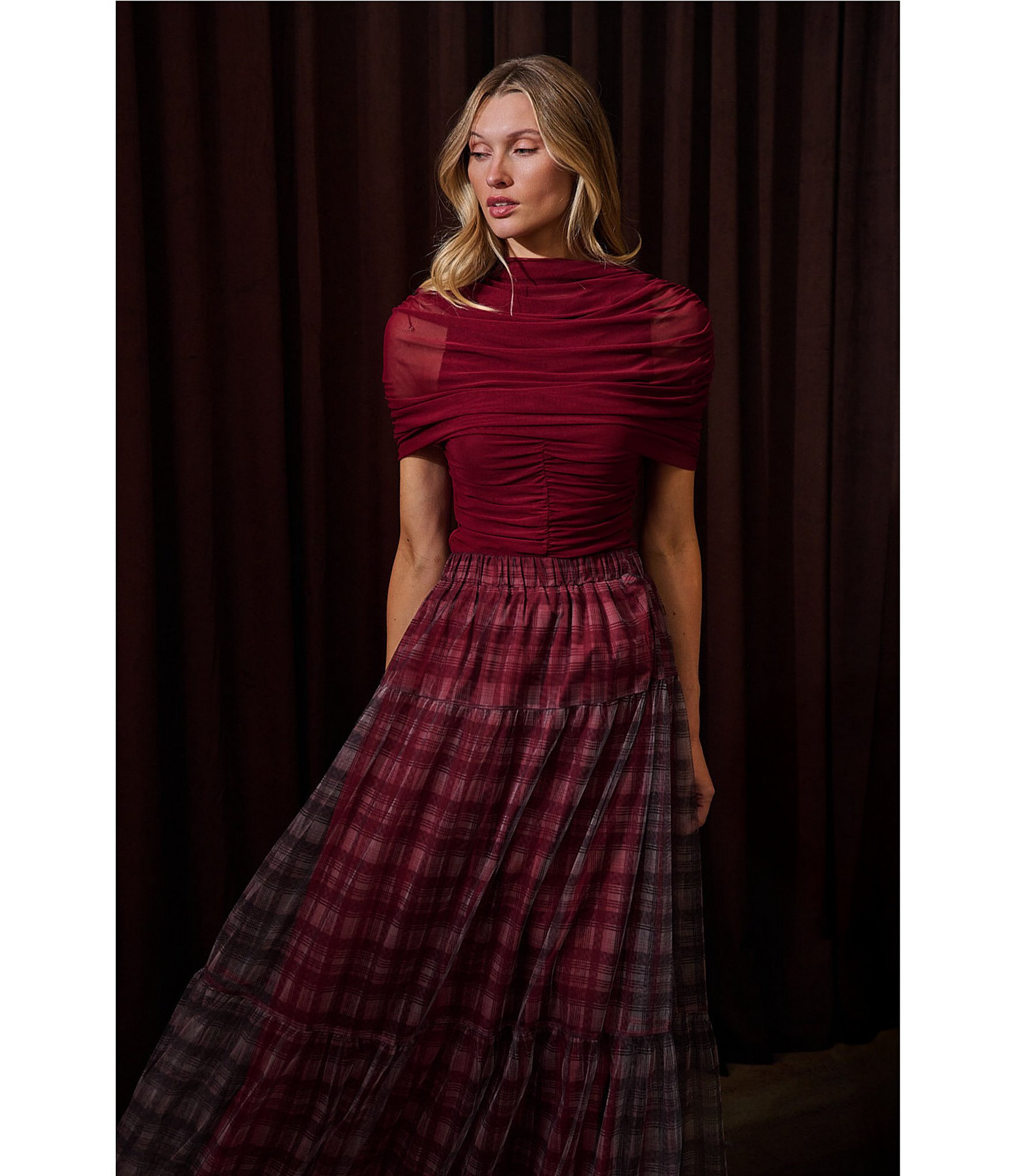 Sugarlips Isola Plaid Printed High Rise Tiered Mesh Maxi Skirt