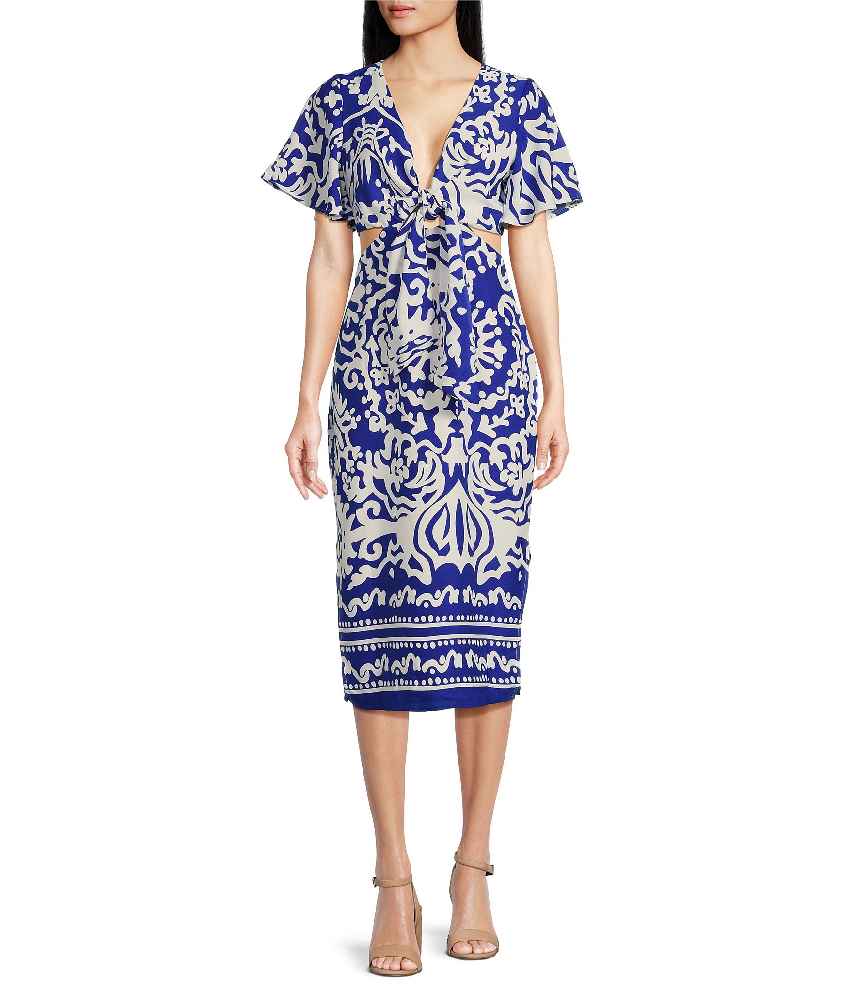 Sugarlips Joelle Mixed Print V-Neck Short Sleeve Front Tie Midi Dress