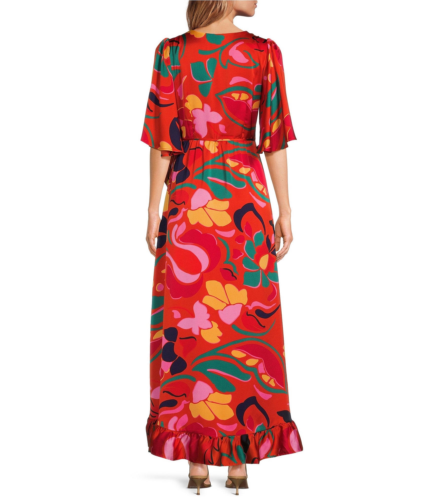 Sugarlips Love Abelia Satin Tropical Abstract Print V Neck Short Sleeve High-Low Ruffle Hem Midi Wrap Dress