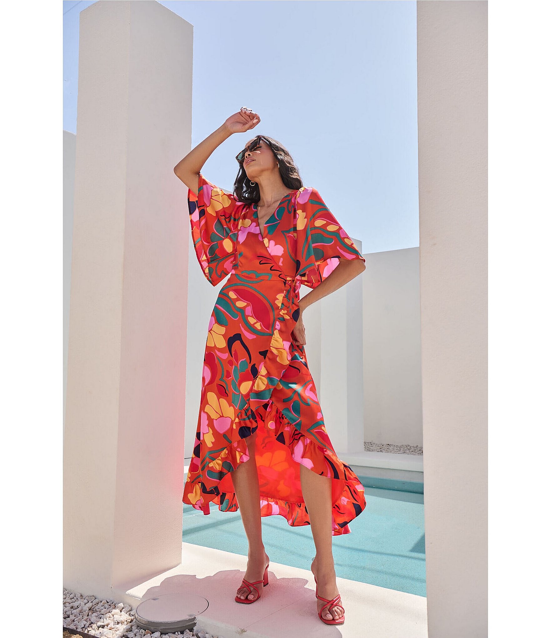 Sugarlips Love Abelia Satin Tropical Abstract Print V Neck Short Sleeve High-Low Ruffle Hem Midi Wrap Dress