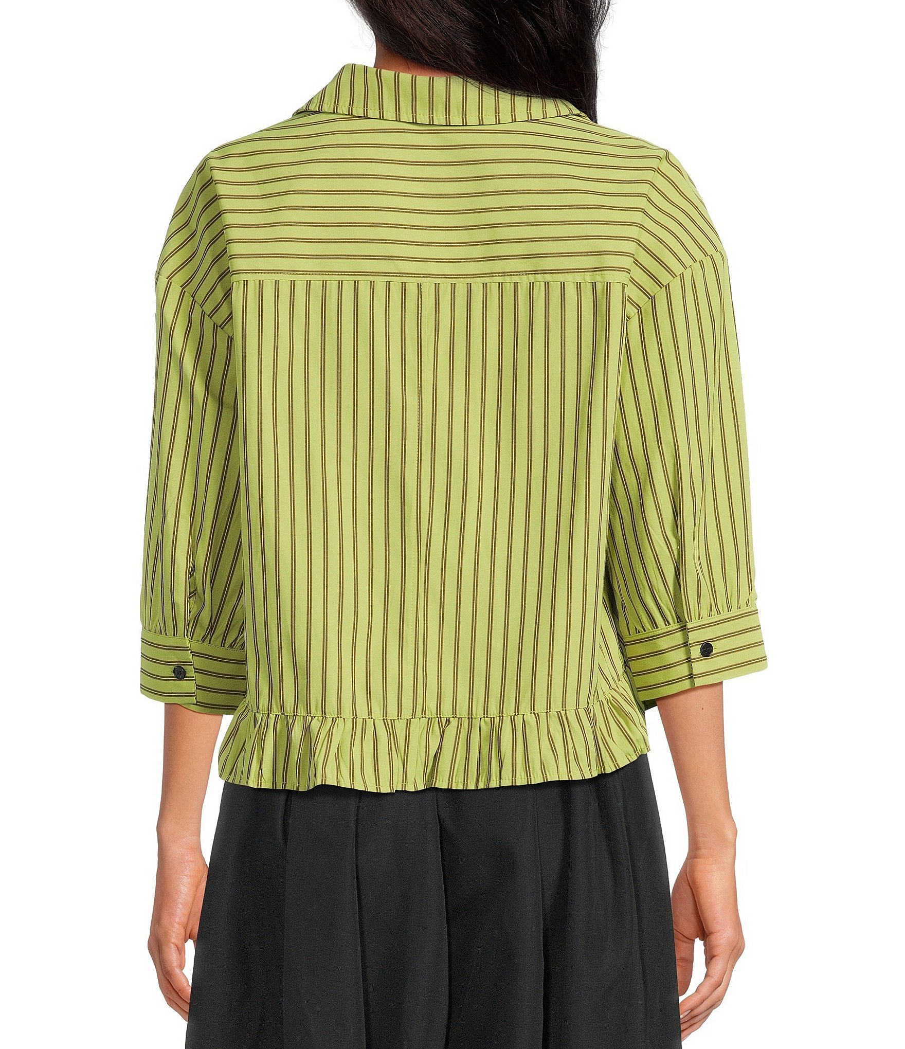 Sugarlips Marinela Woven Stripe Print Collared Half Sleeve Ruffle Hem Button Front Top
