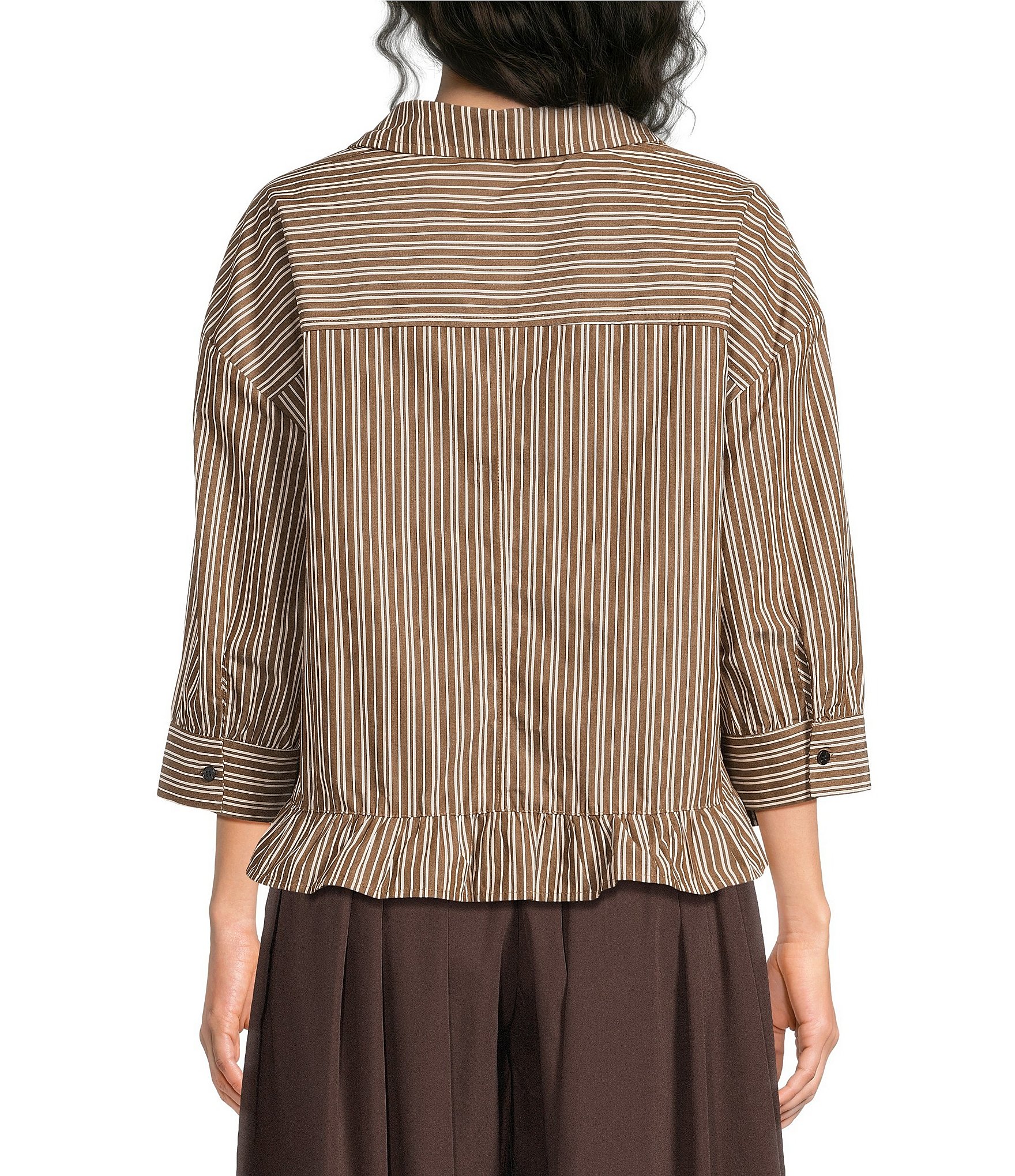 Sugarlips Marinela Woven Stripe Print Collared Half Sleeve Ruffle Hem Button Front Top