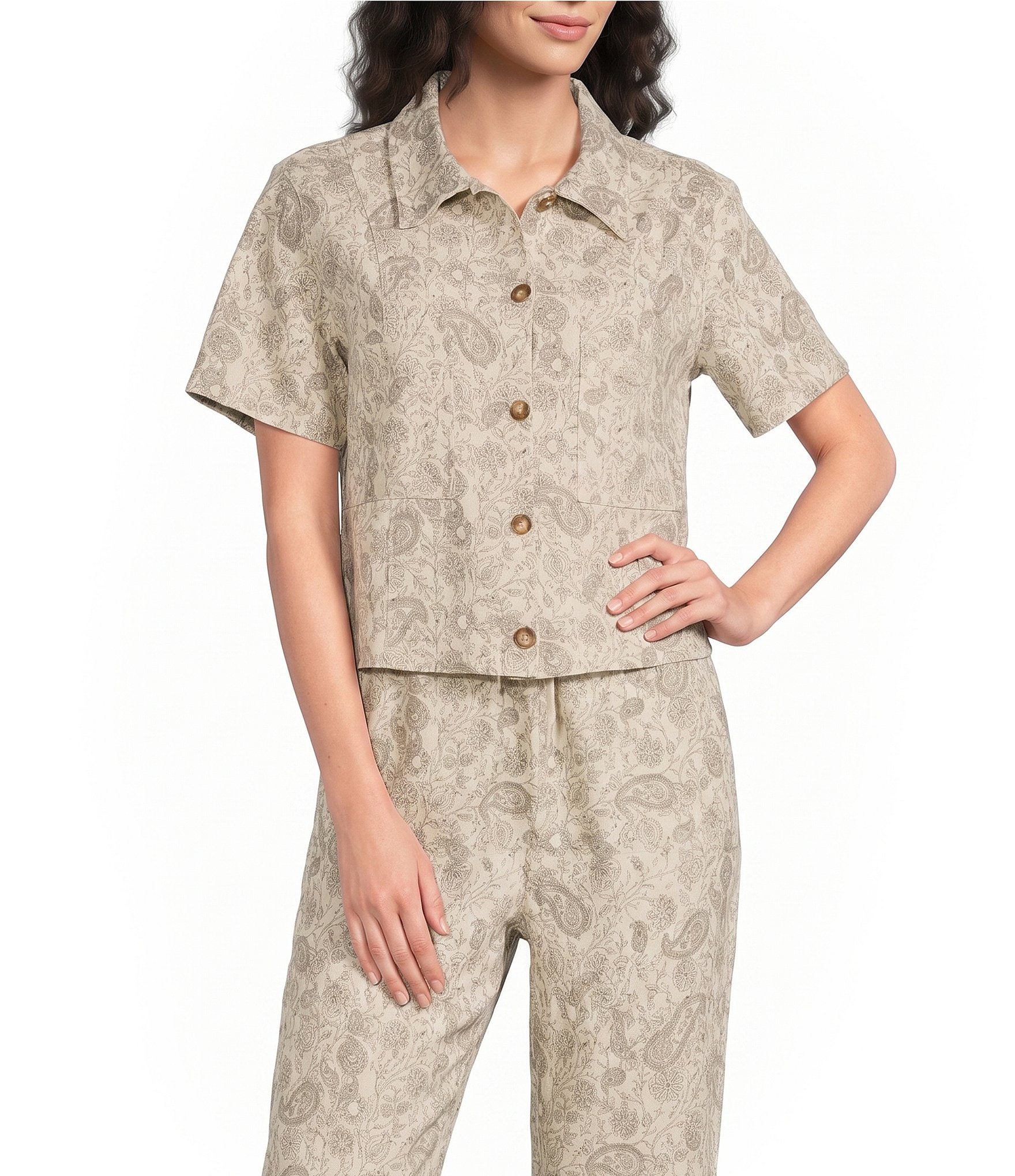 Sugarlips Paisley Printed Collared Short Sleeve Coordinating Denim Shirt-Jacket
