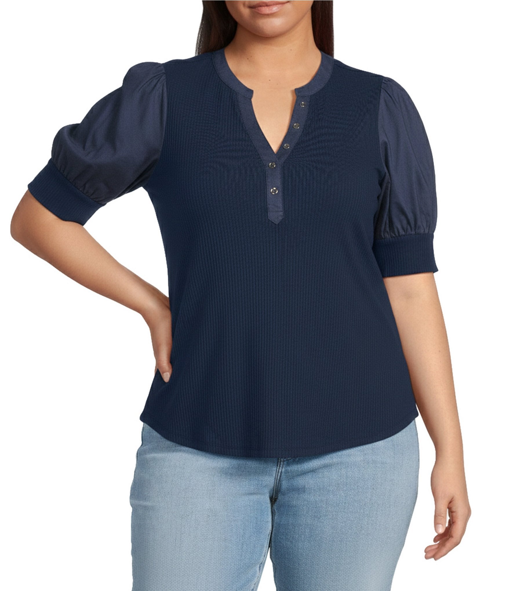 Sugarlips Plus Size Poplin-Sleeve Ribbed Top