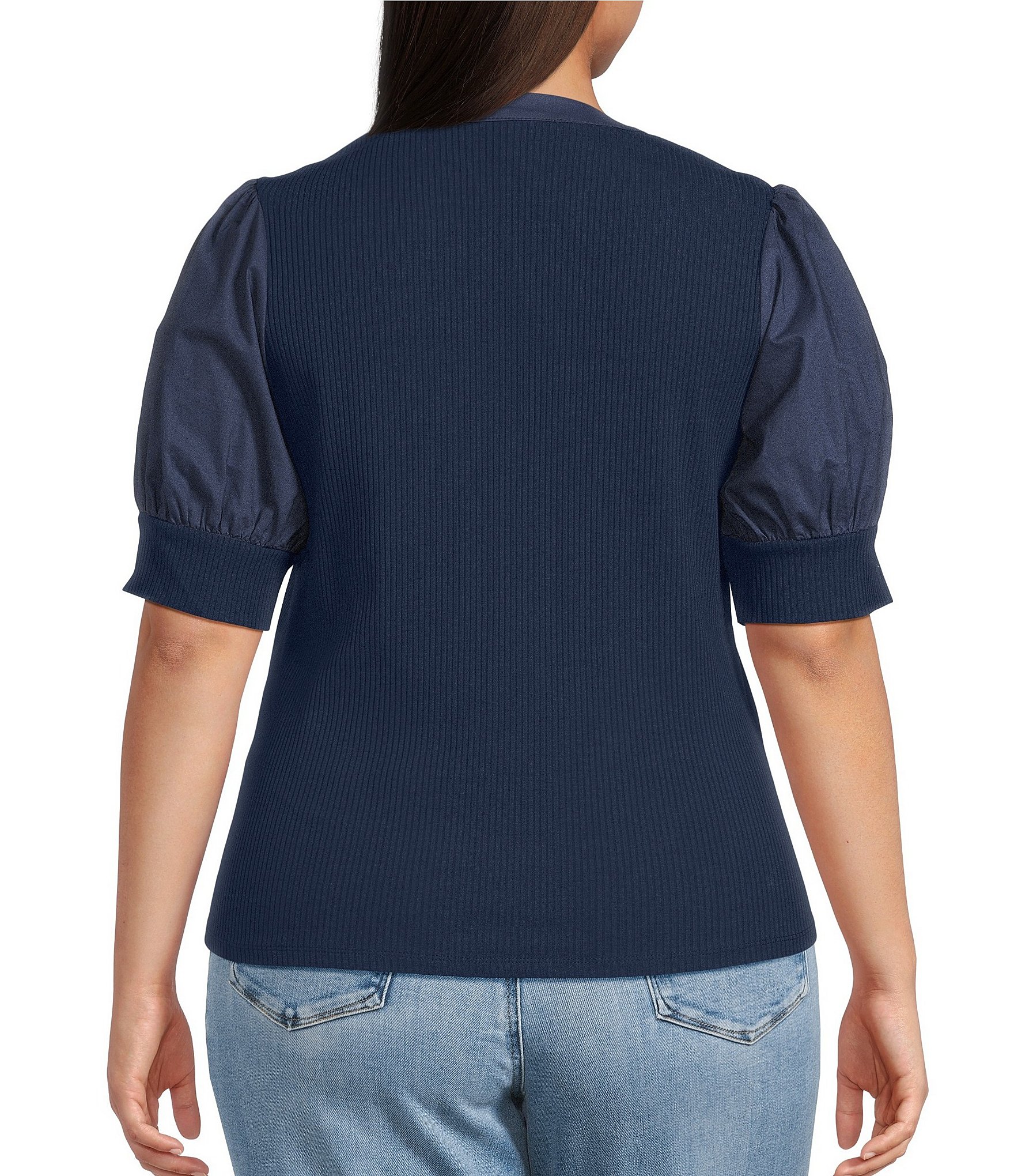 Sugarlips Plus Size Poplin-Sleeve Ribbed Top